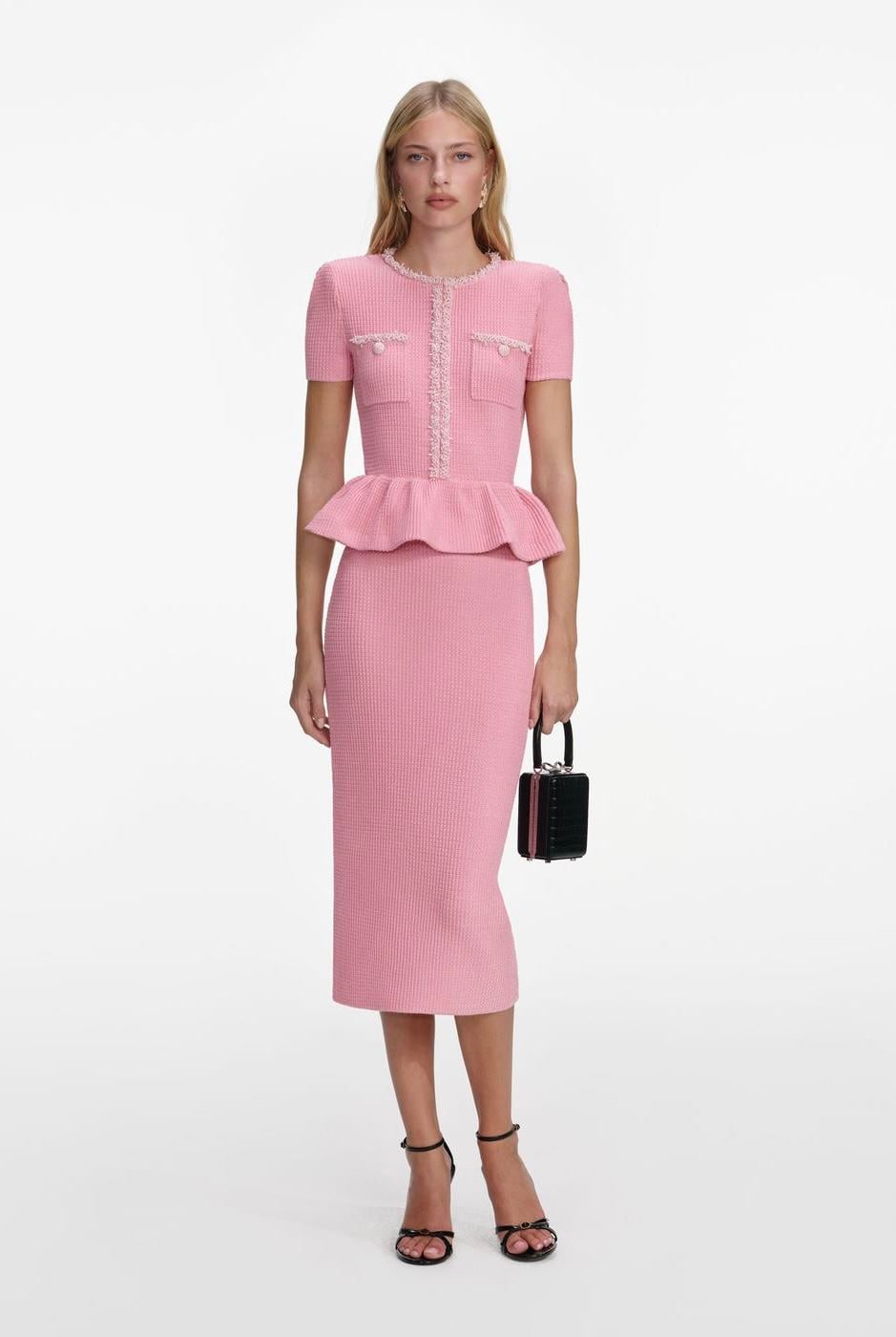Peplum Detaylı İncili Pembe Tasarım Midi Elbise