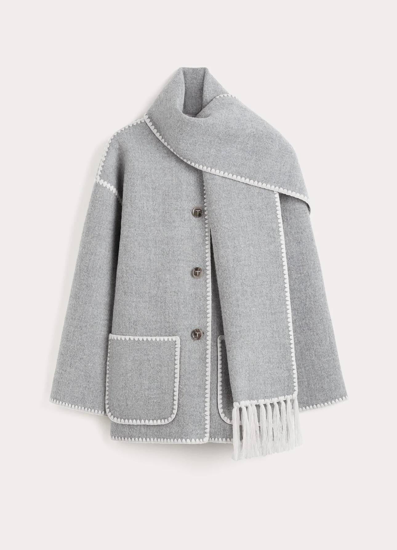 Püsküllü Kaşkollu Yün Premium Kaban (Gri)