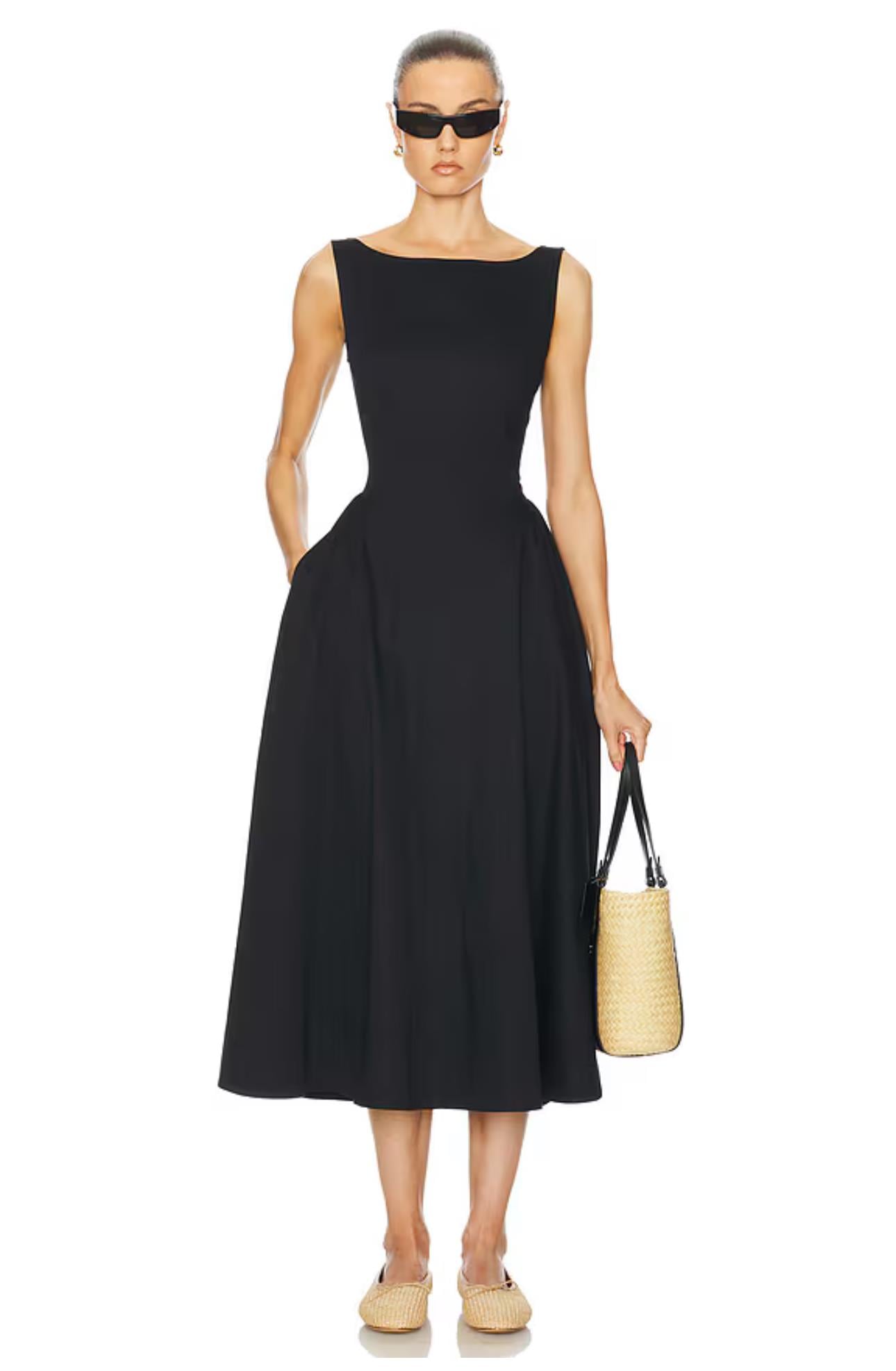 Sırtı Dekolteli Askılı Siyah Premium Keten Elbise