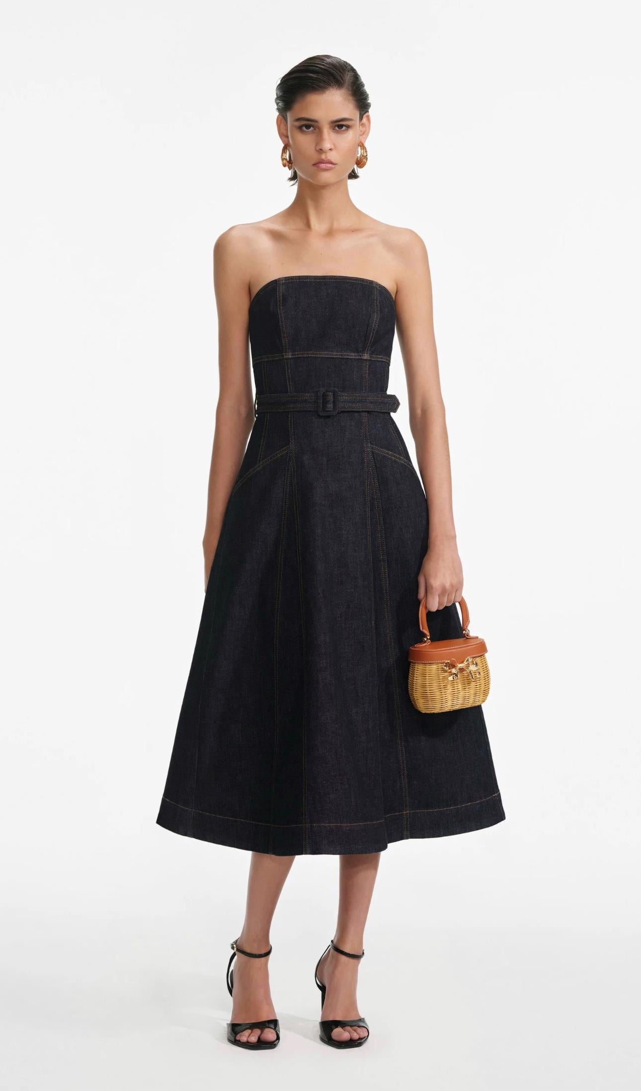 Straplez Kemerli Midi Jean Elbise