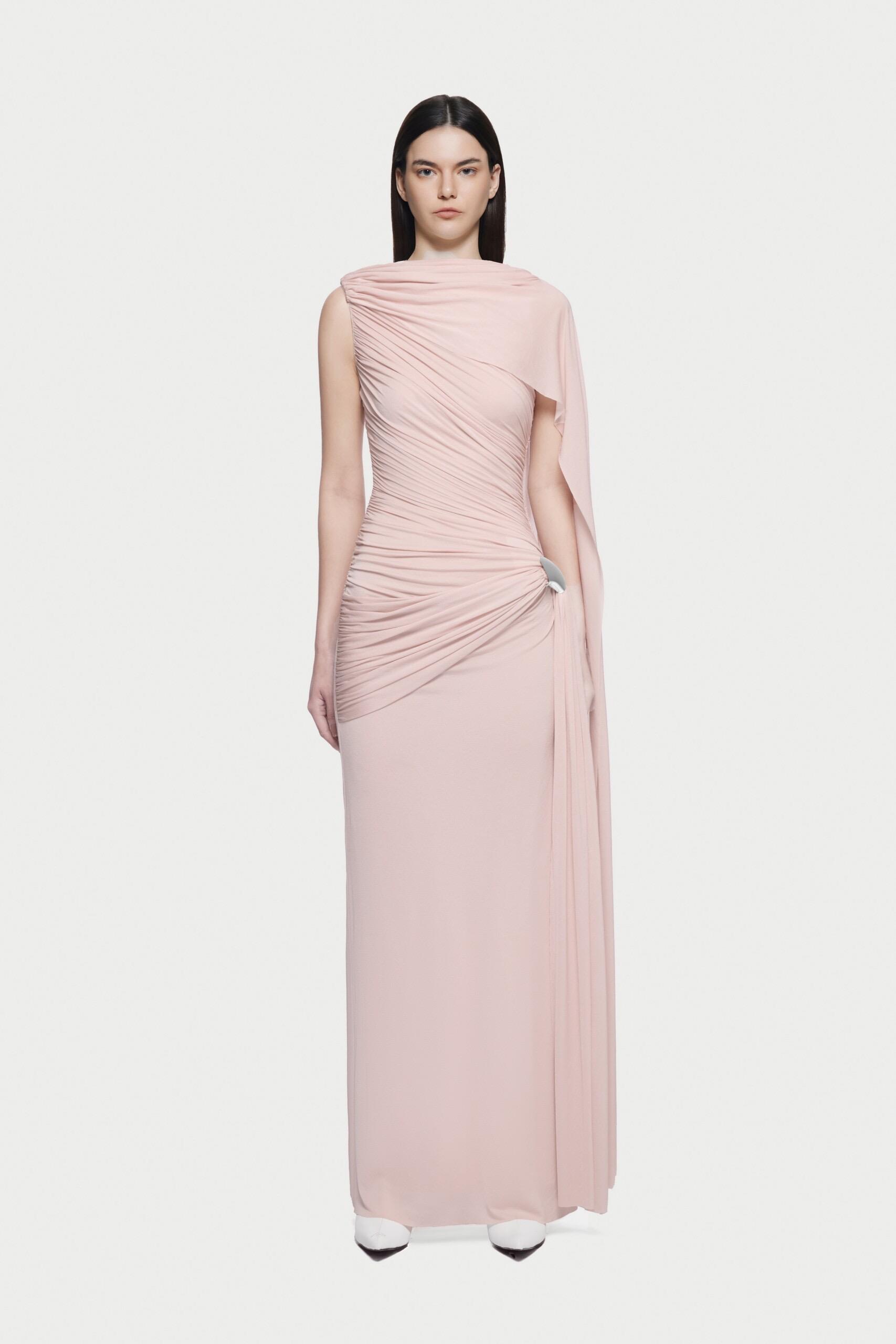 Tokalı Pelerin Detaylı Tek Kollu Drape Pembe Tasarım Maksi Elbise