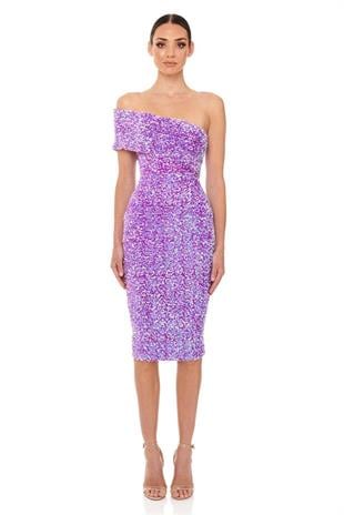 Lila Tek Omuzlu Payetli Tasarım Elbise