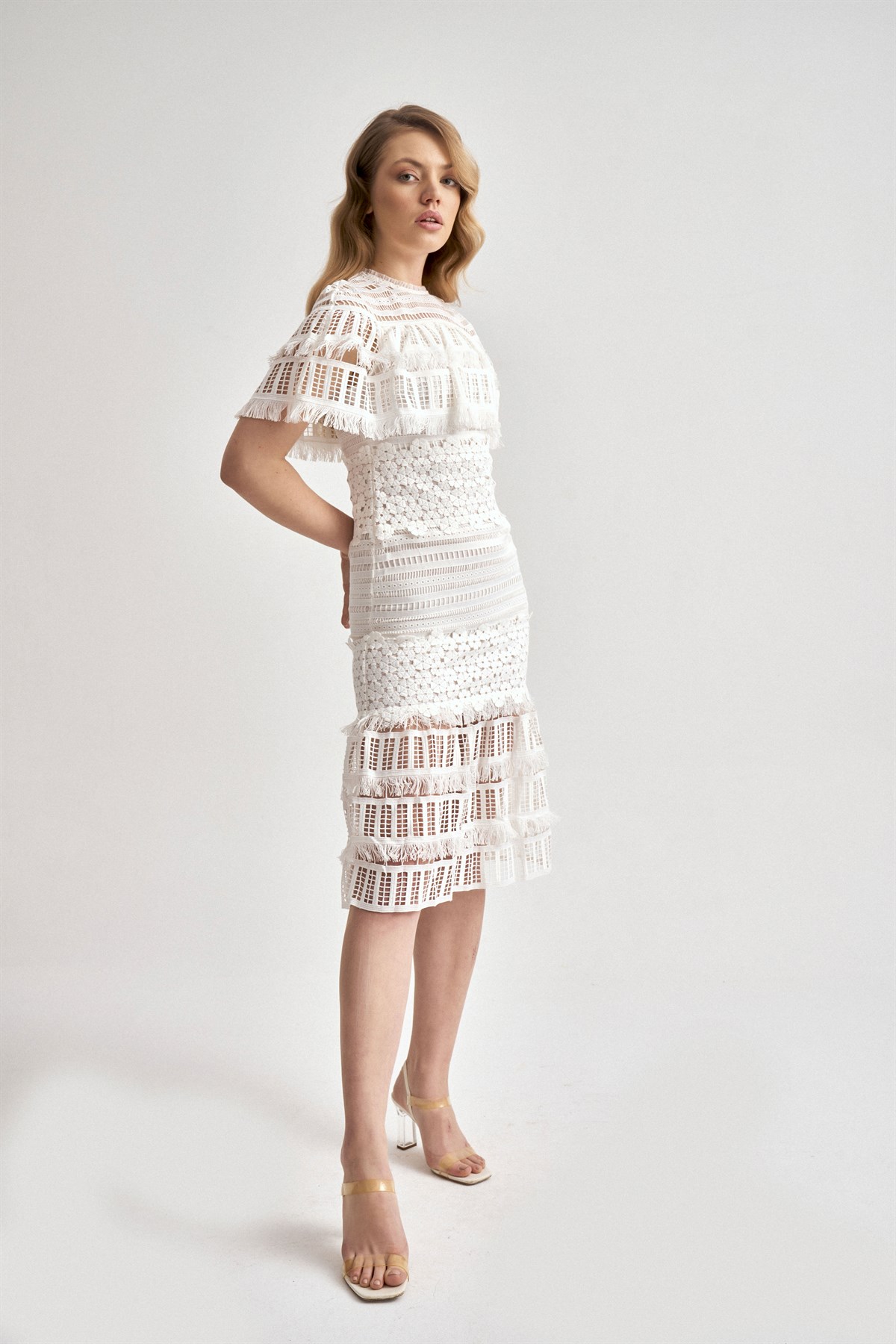 Beyaz Dantel Midi Boy Tasarım Elbise - Deep Atelier