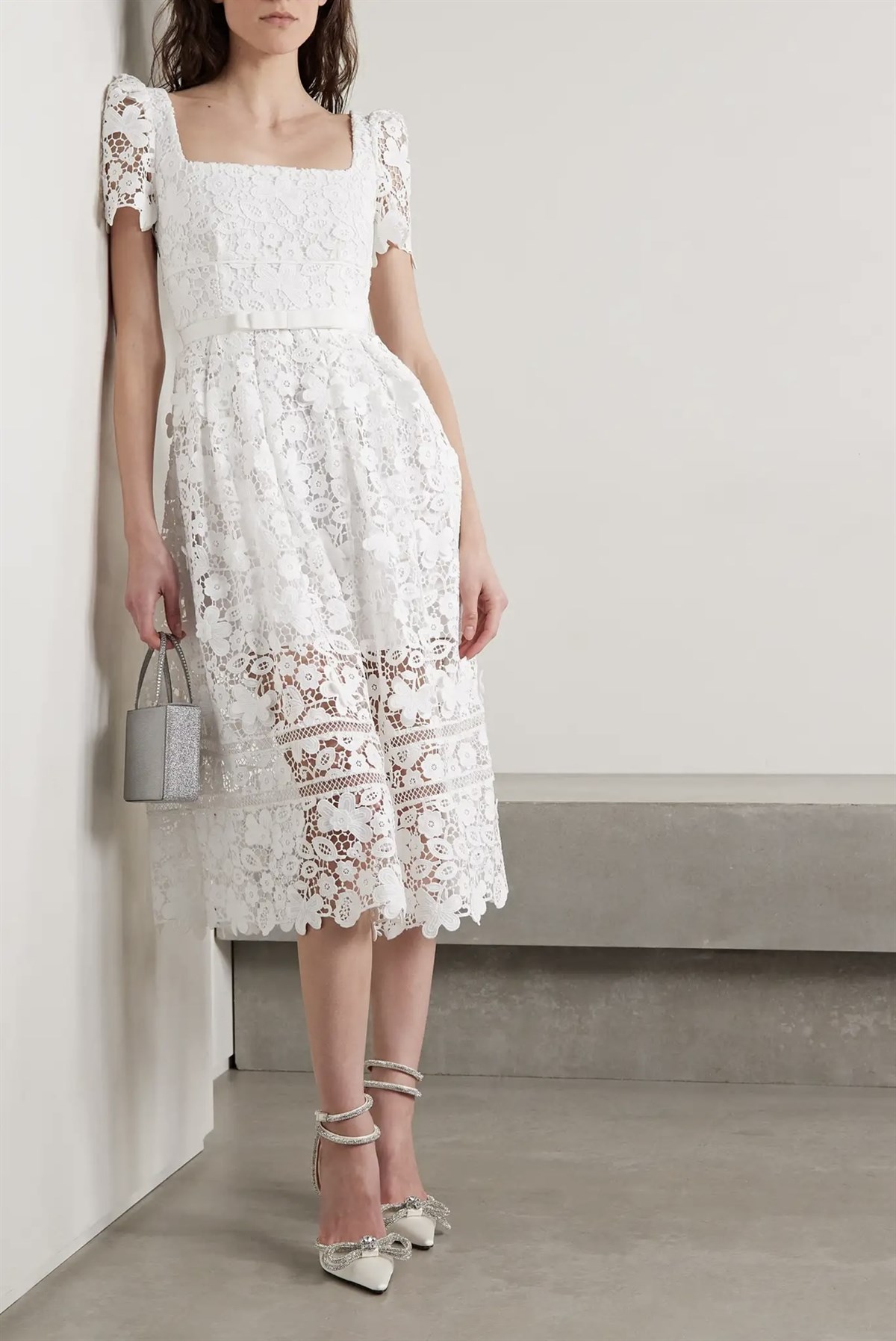 Beyaz Midi Boy Dantel Tasarım Elbise - Deep Atelier