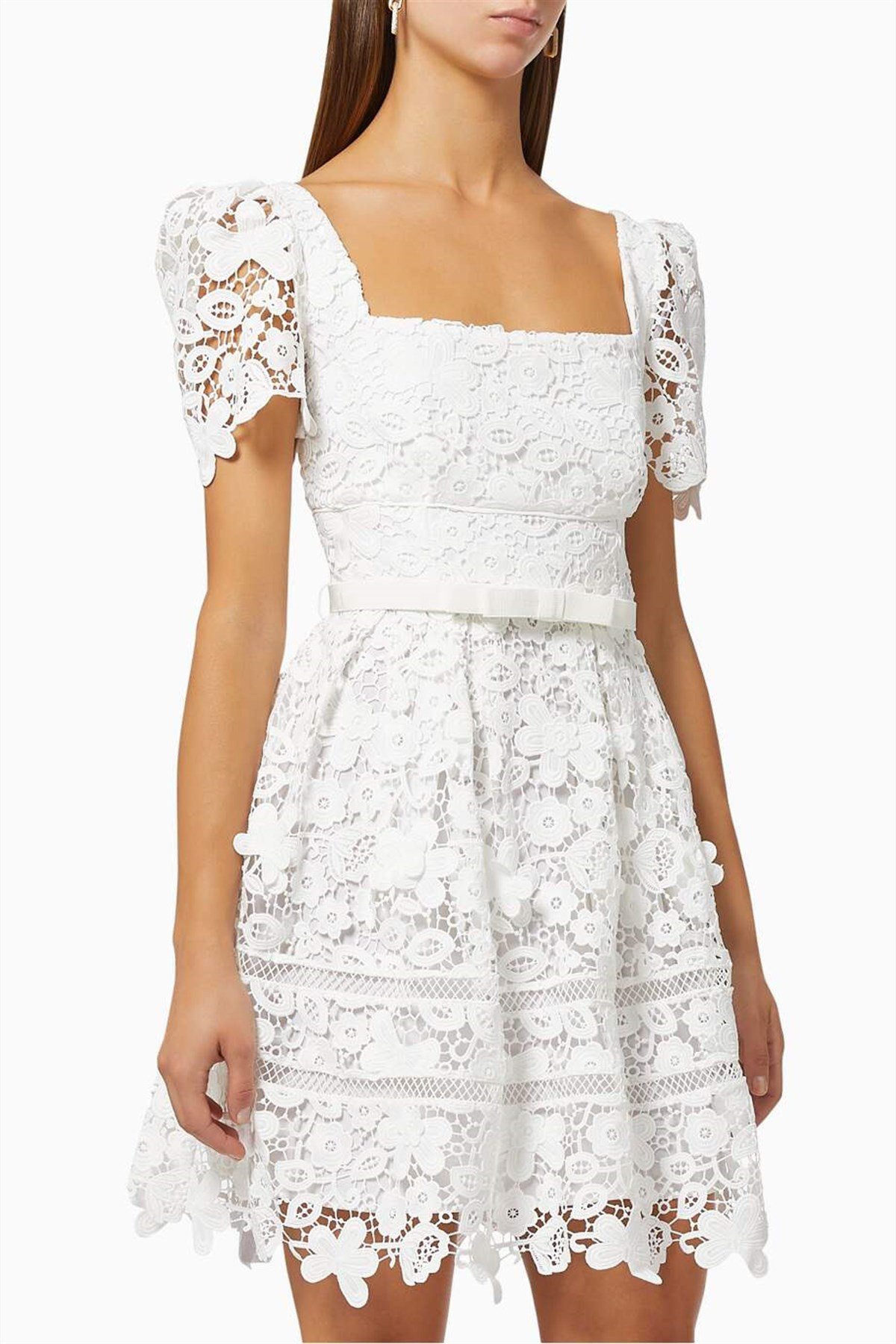 Kemerli Tasarım Beyaz Dantel Elbise - Deep Atelier