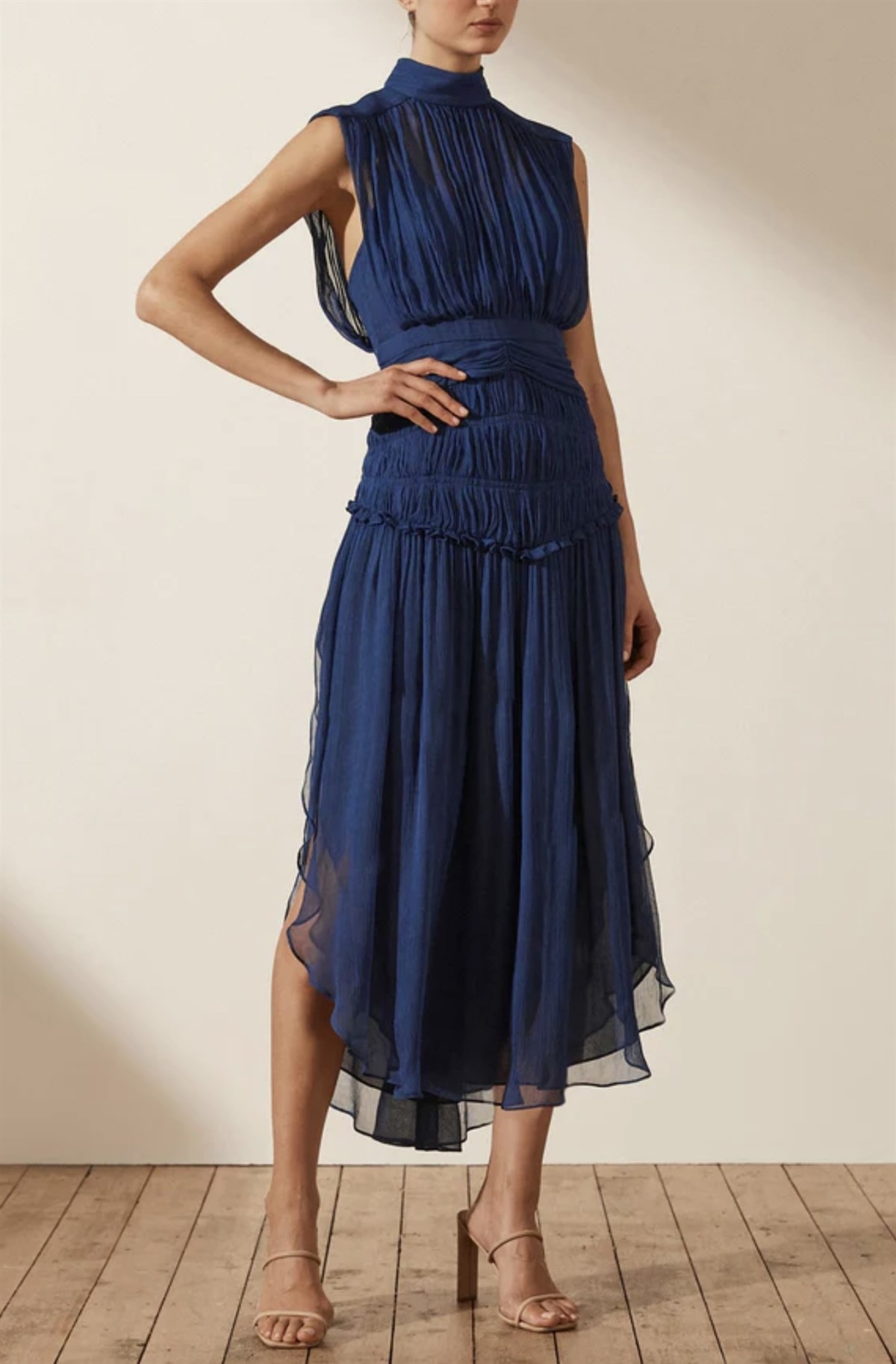 Kolsuz Lacivert Şifon Tasarım Midi Elbise - Deep Atelier