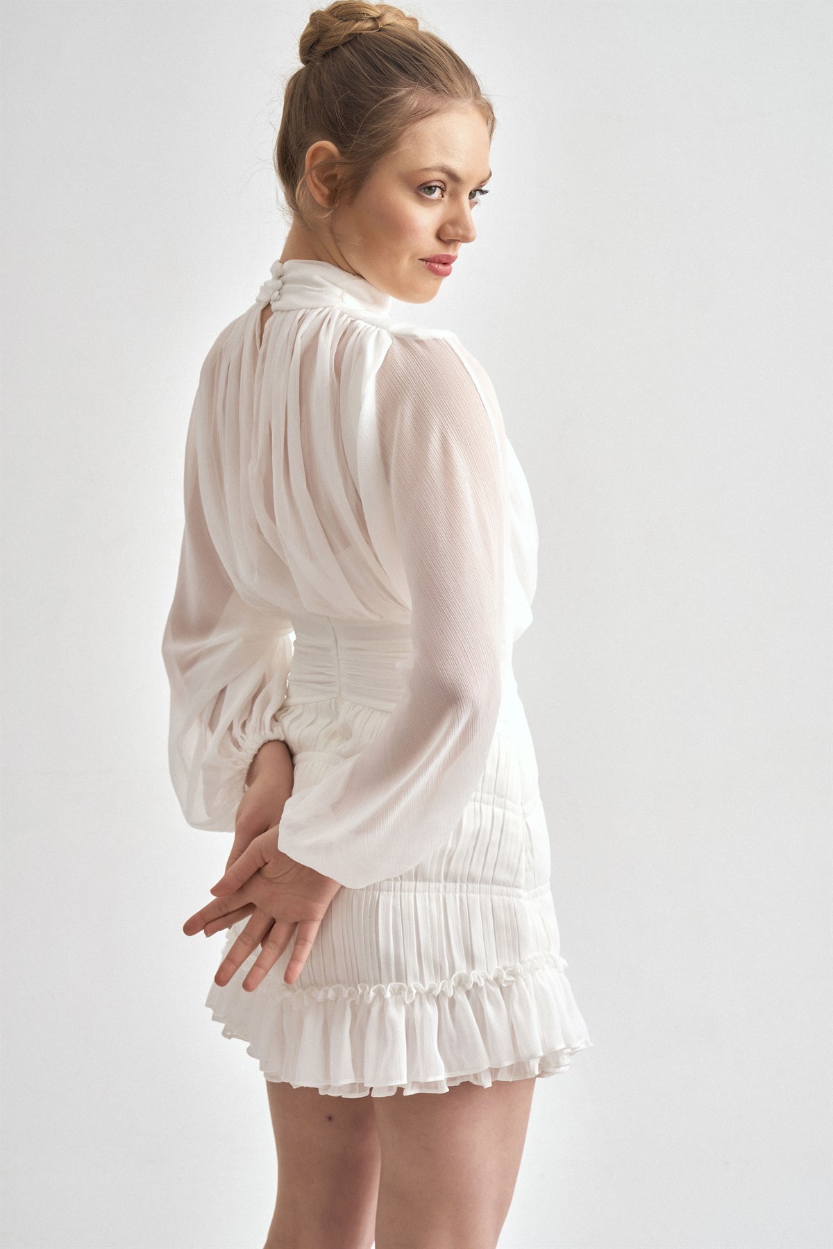 Şifon Tasarım Mini Elbise (Beyaz) - Deep Atelier