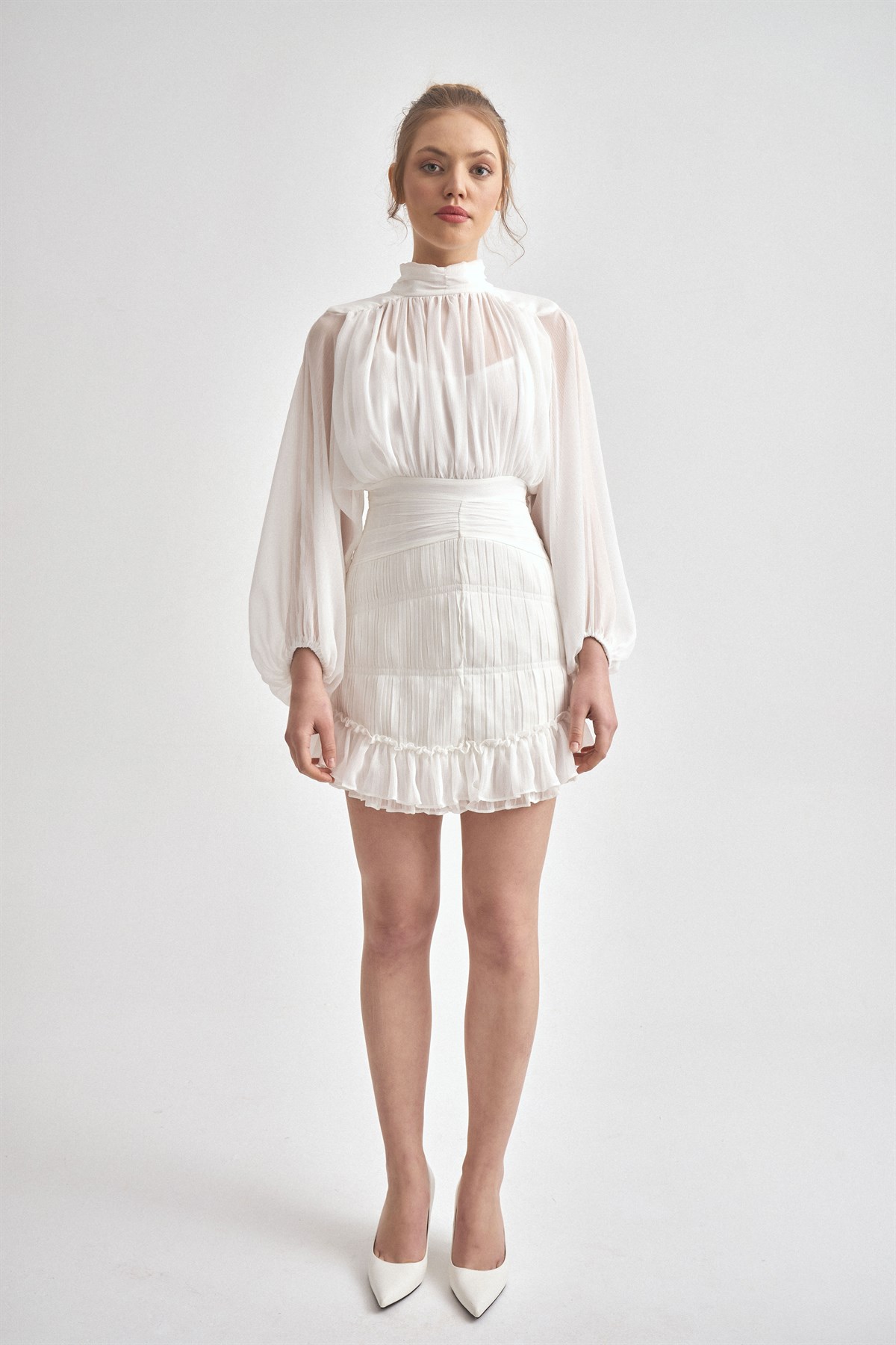 Şifon Tasarım Mini Elbise (Beyaz) - Deep Atelier