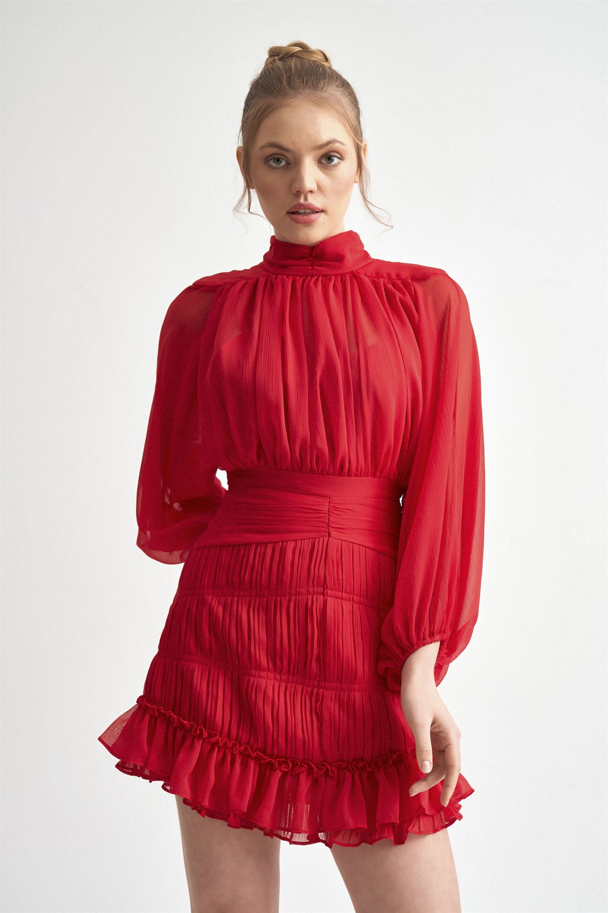 Şifon Tasarım Mini Elbise (Kırmızı) - Deep Atelier