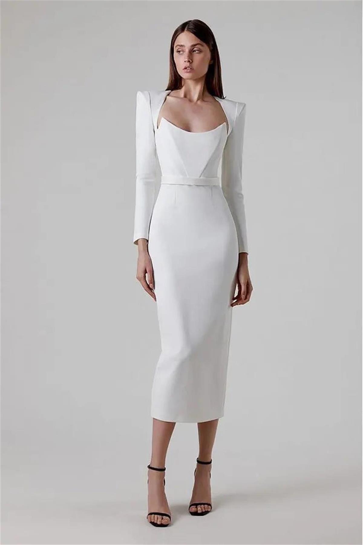 Uzun Kollu Bandaj Midi Boy Tasarım Elbise (Beyaz) - Deep Atelier