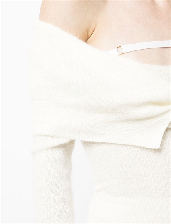 Kayık Yaka Tasarım Triko Elbise (Beyaz)
