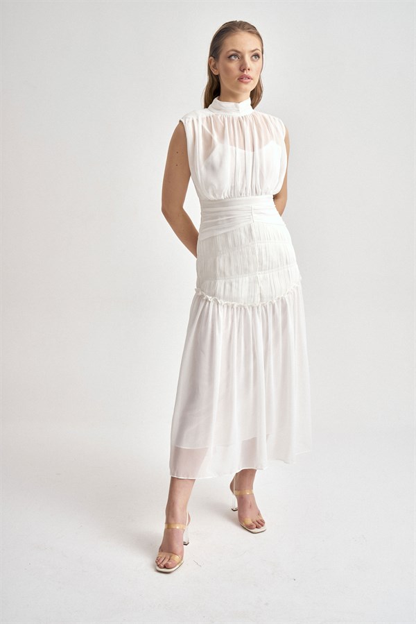 Şifon Midi Boy Tasarım Elbise (Beyaz) - Deep Atelier