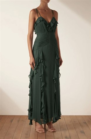 İp Askılı Farbalalı Petrol Yeşili Tasarım Şifon Elbise - Deep Atelier