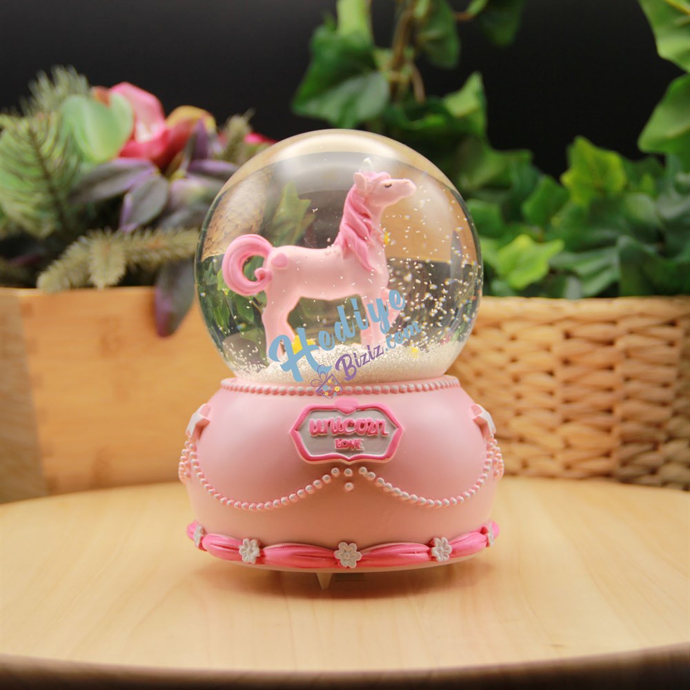 Işıklı ve Kar Motorlu Pembe Love Unicorn Mega Boy Kar Küresi