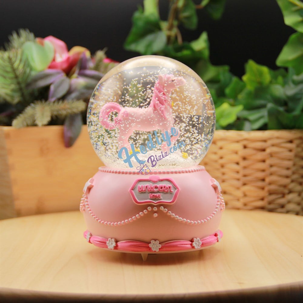 Işıklı ve Kar Motorlu Pembe Love Unicorn Mega Boy Kar Küresi
