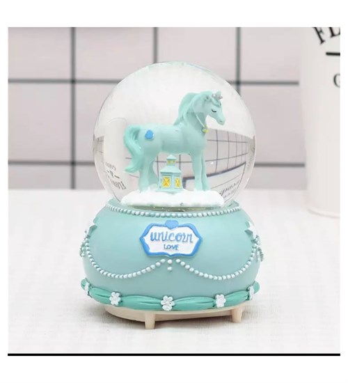 Kar Küresi Işıklı ve Müzikli Unicorn Mavi