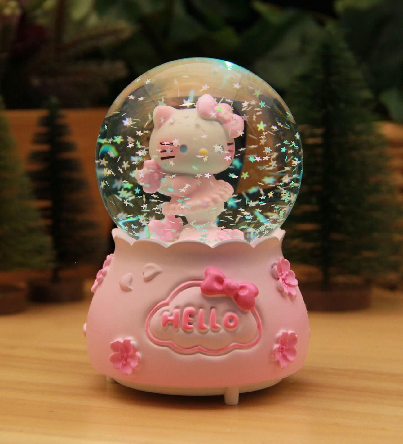 Pembe Hello Kity Işıklı ve Müzikli Kar Küresi Büyük Boy 