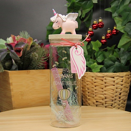 Unicorn Işıklı Dekoratif Cam Fanus Notluk Pembe