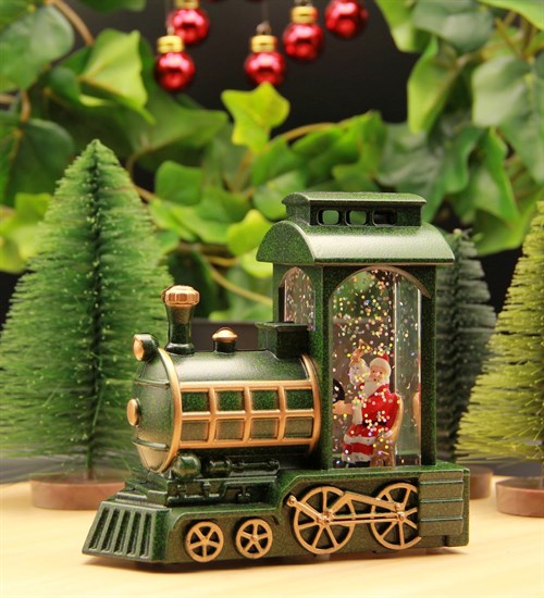 Yılbaşı Kar Küresi Noel Işıklı Dekoratif Noel Baba Treni Merry Christmas Yeşil