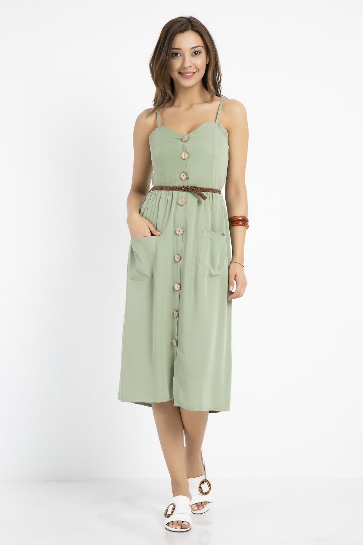 Floral Sky And Sparrow Dress Quince 100% European Linen Olive Midi Dress XS Scoop  Neck NWT