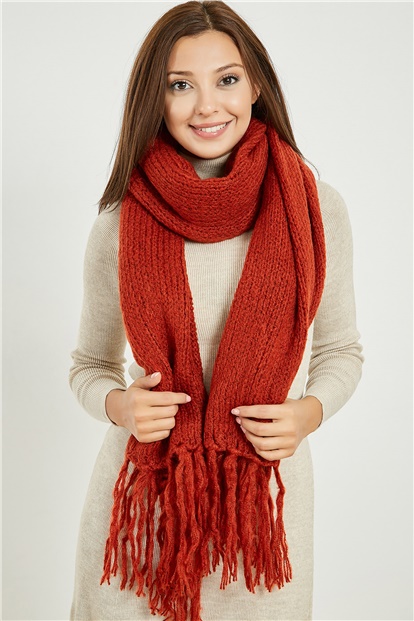 Düz Örgü Püsküllü Triko Şal KİREMİT