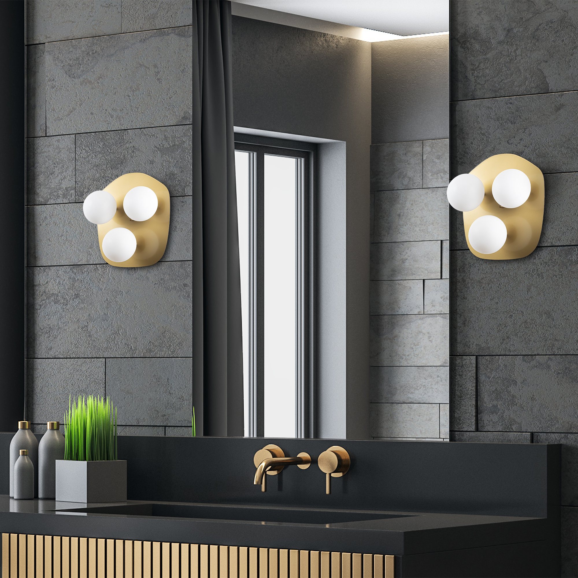 Camlı 3Lü Aplik Parlak Gold Well-11711
