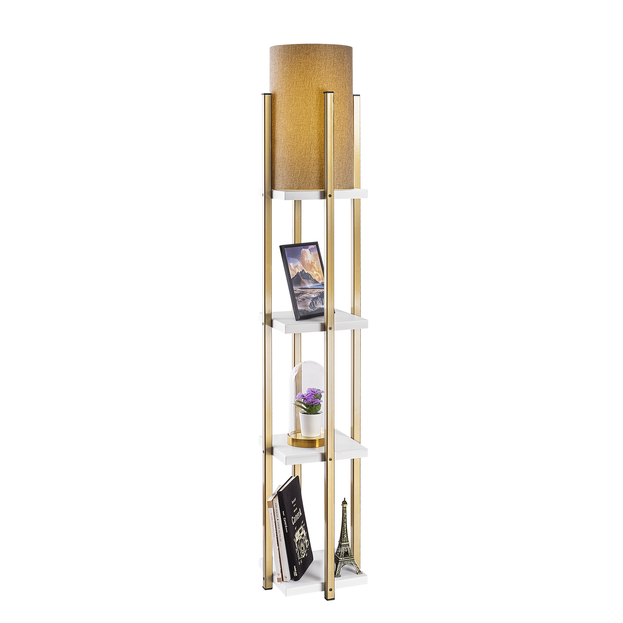 Abajur Başlıklı Raflı Lambader Parlak Gold Beyaz Shelflamp-7120