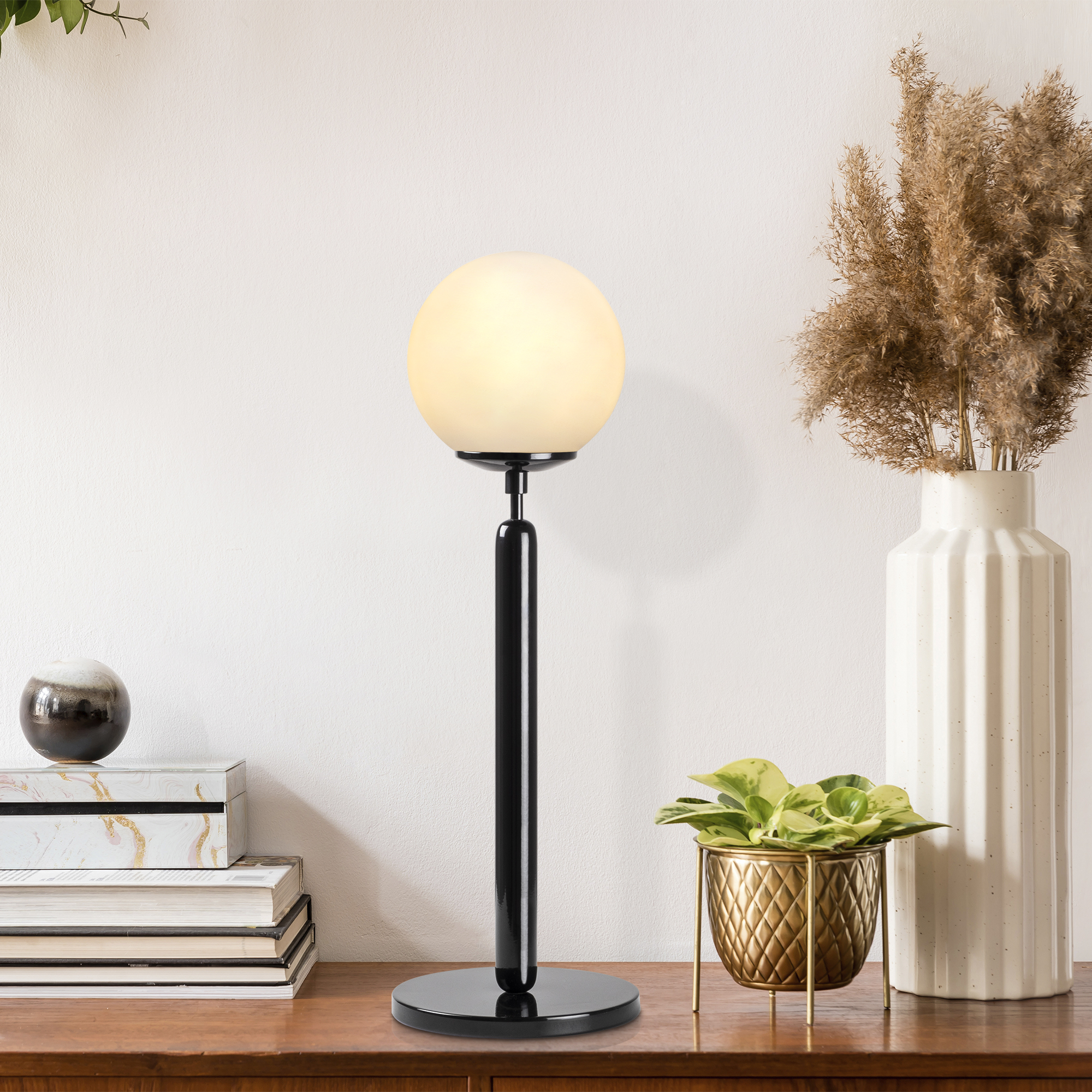 Beyaz Camlı Metal Masa Lambası Küre Glop Başlık E14 Duy Modern Salon Abajur,KING-11461