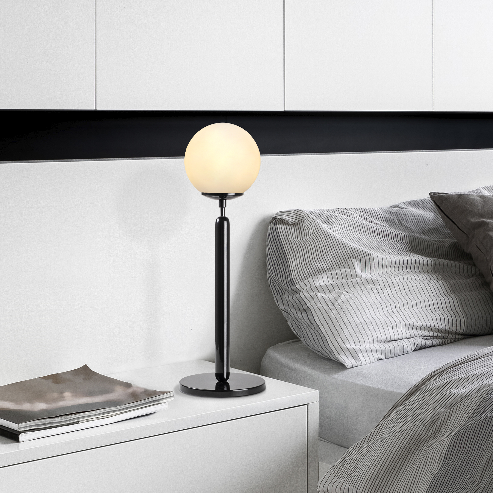 Beyaz Camlı Metal Masa Lambası Küre Glop Başlık E14 Duy Modern Salon Abajur,KING-11461