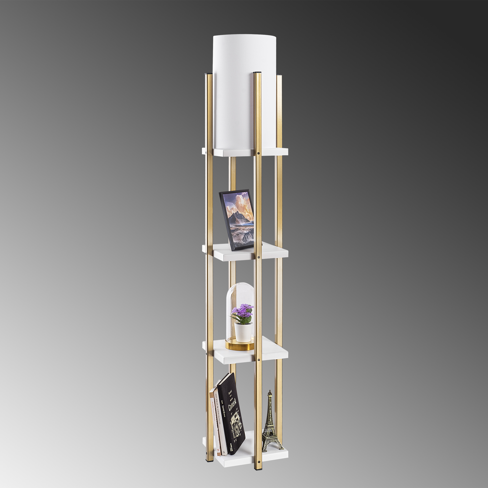 Abajur Başlıklı Raflı Lambader Parlak Gold Beyaz Shelflamp-7119