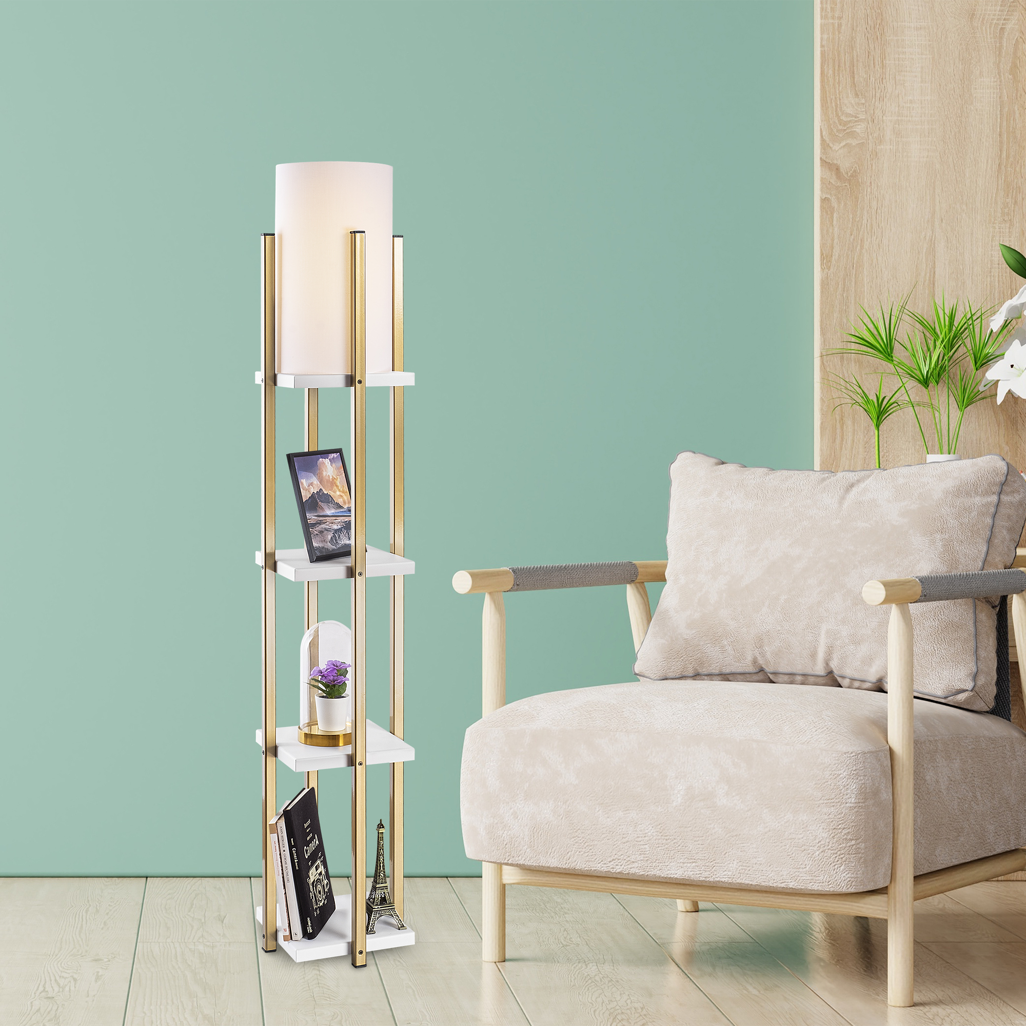Abajur Başlıklı Raflı Lambader Parlak Gold Beyaz Shelflamp-7119