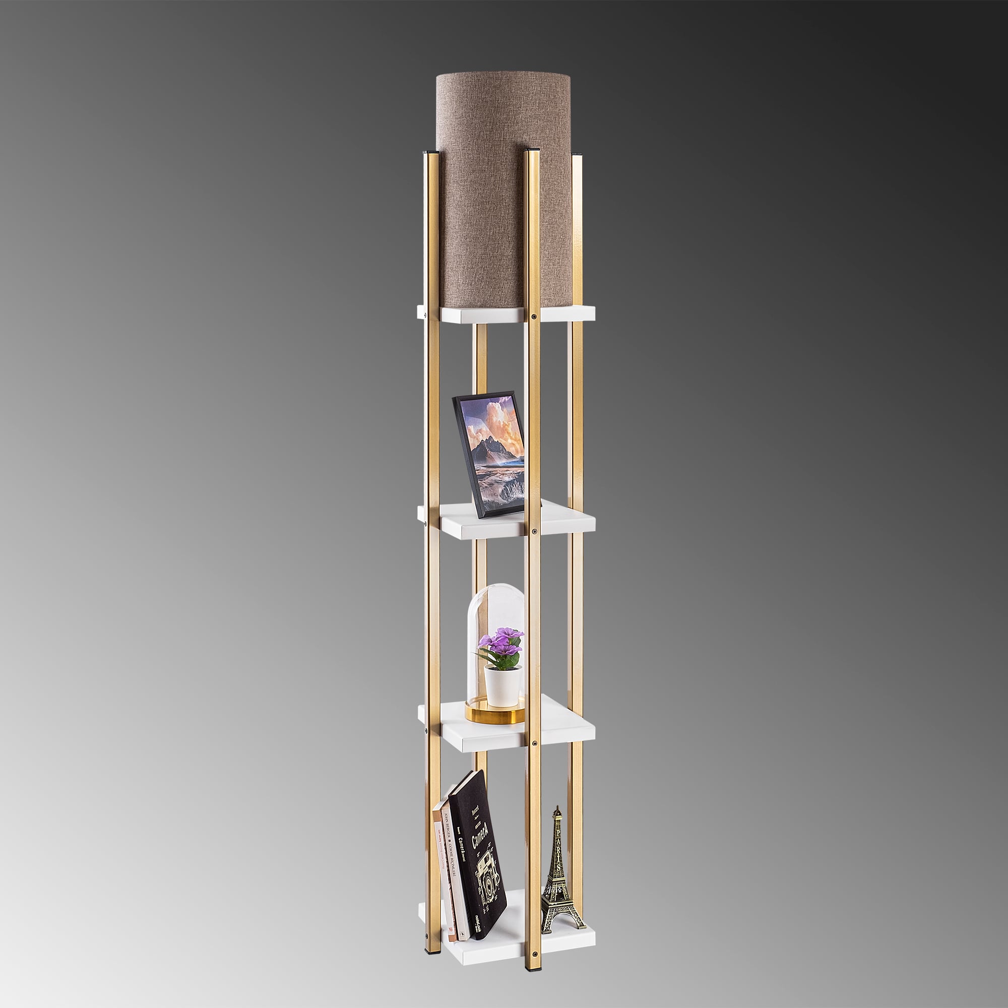 Abajur Başlıklı Raflı Lambader Parlak Gold Beyaz Shelflamp-7120