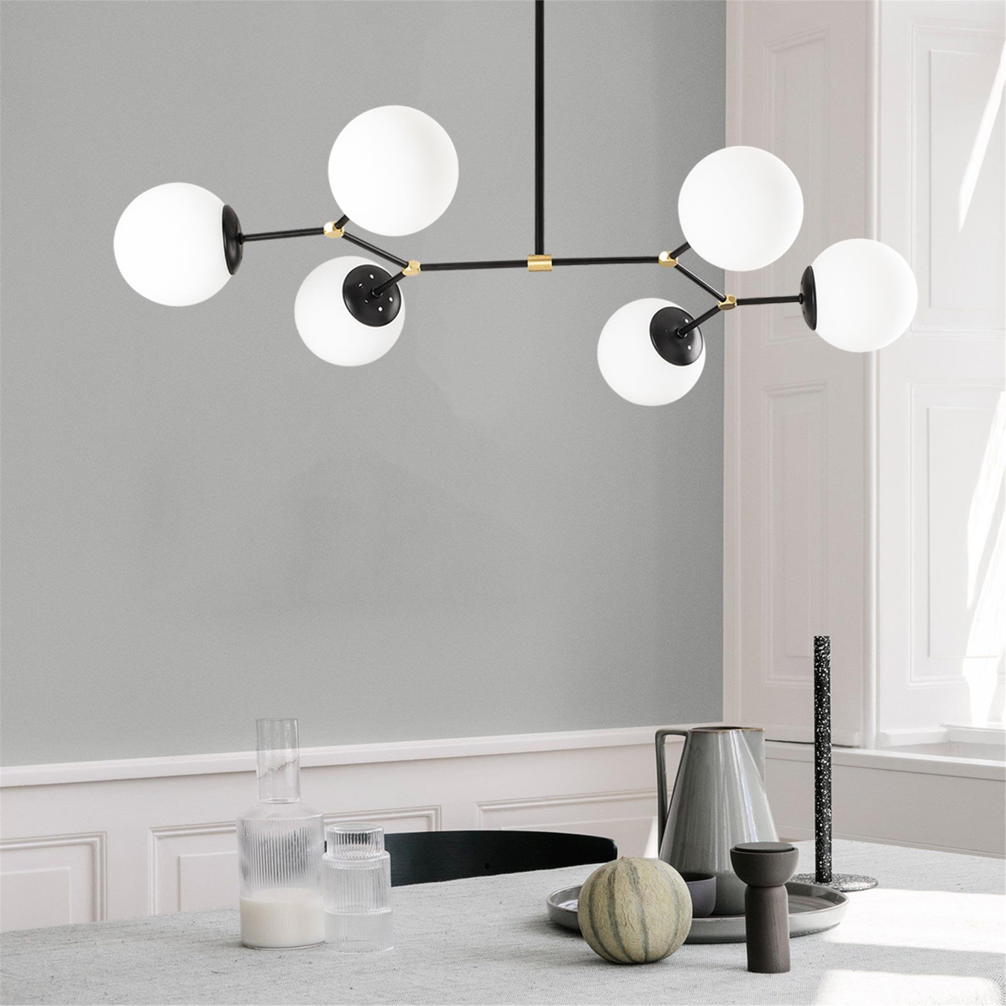Modern 6 Kollu Ahtapot Avize Beyaz Glop Camlı Metal Salon Avizesi E27 Duylu,DAMAR-6321