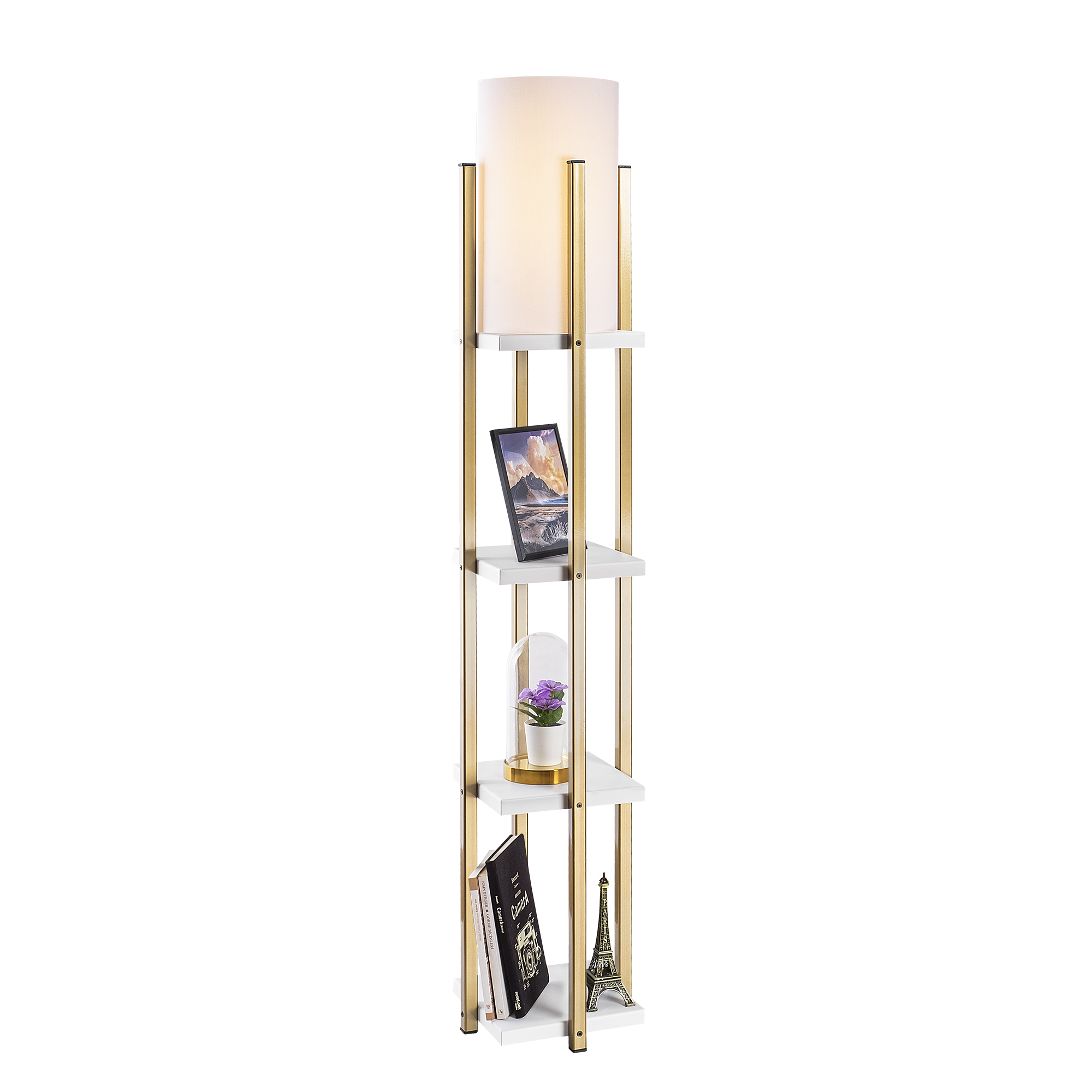 Abajur Başlıklı Raflı Lambader Parlak Gold Beyaz Shelflamp-7119