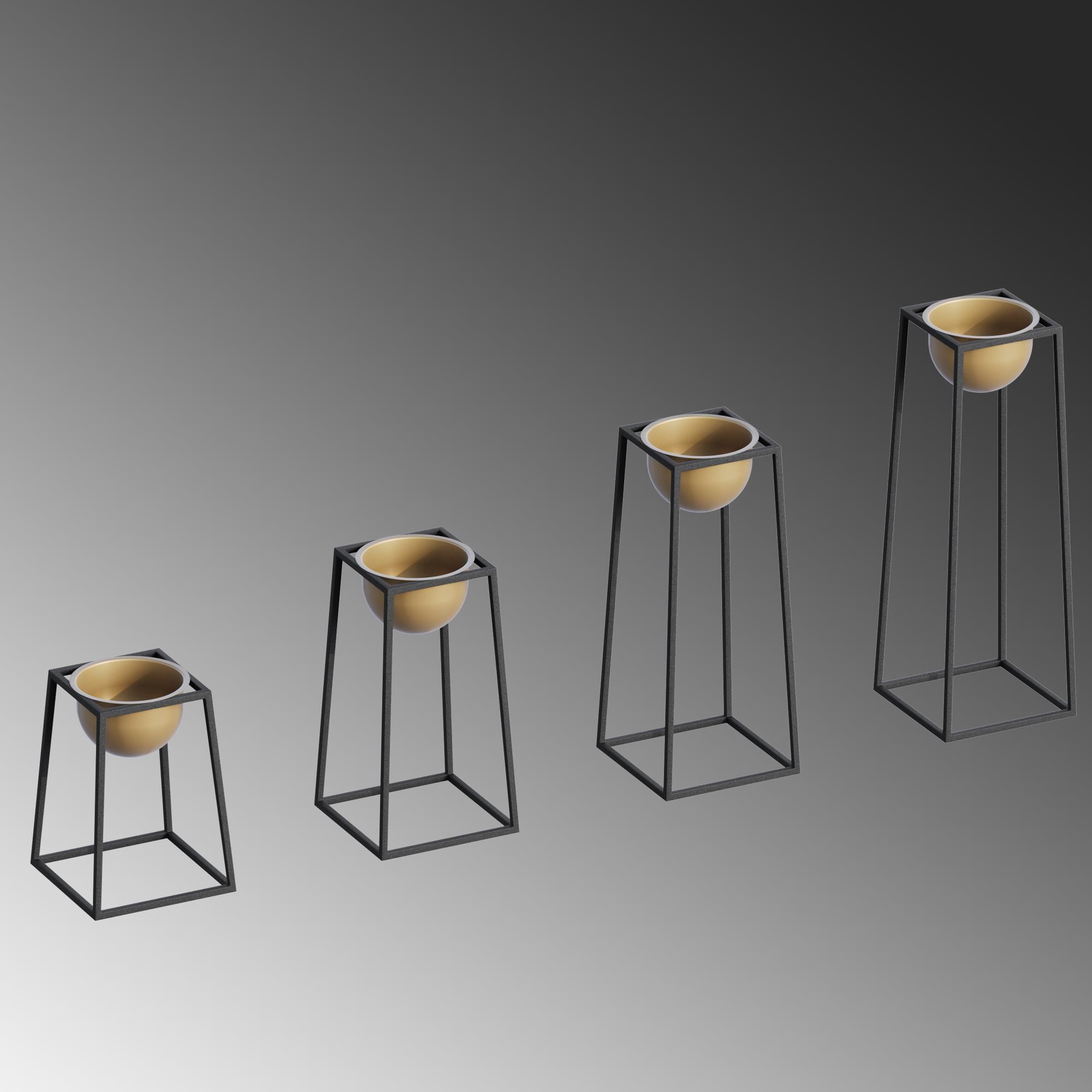 Dekoratif Siyah Gold,Metal Saksılık 4lü Set Modern Ayaklı Siyah Çiçeklik Kaktüs Standı,GED-018-A