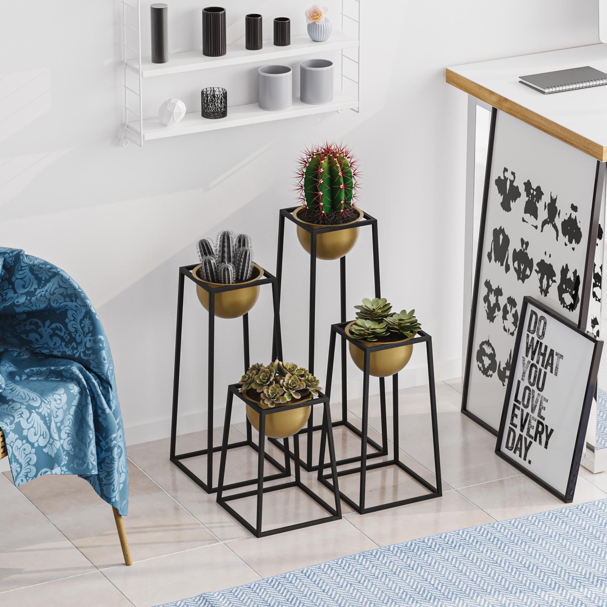 Dekoratif Siyah Gold,Metal Saksılık 4lü Set Modern Ayaklı Siyah Çiçeklik Kaktüs Standı,GED-018-A