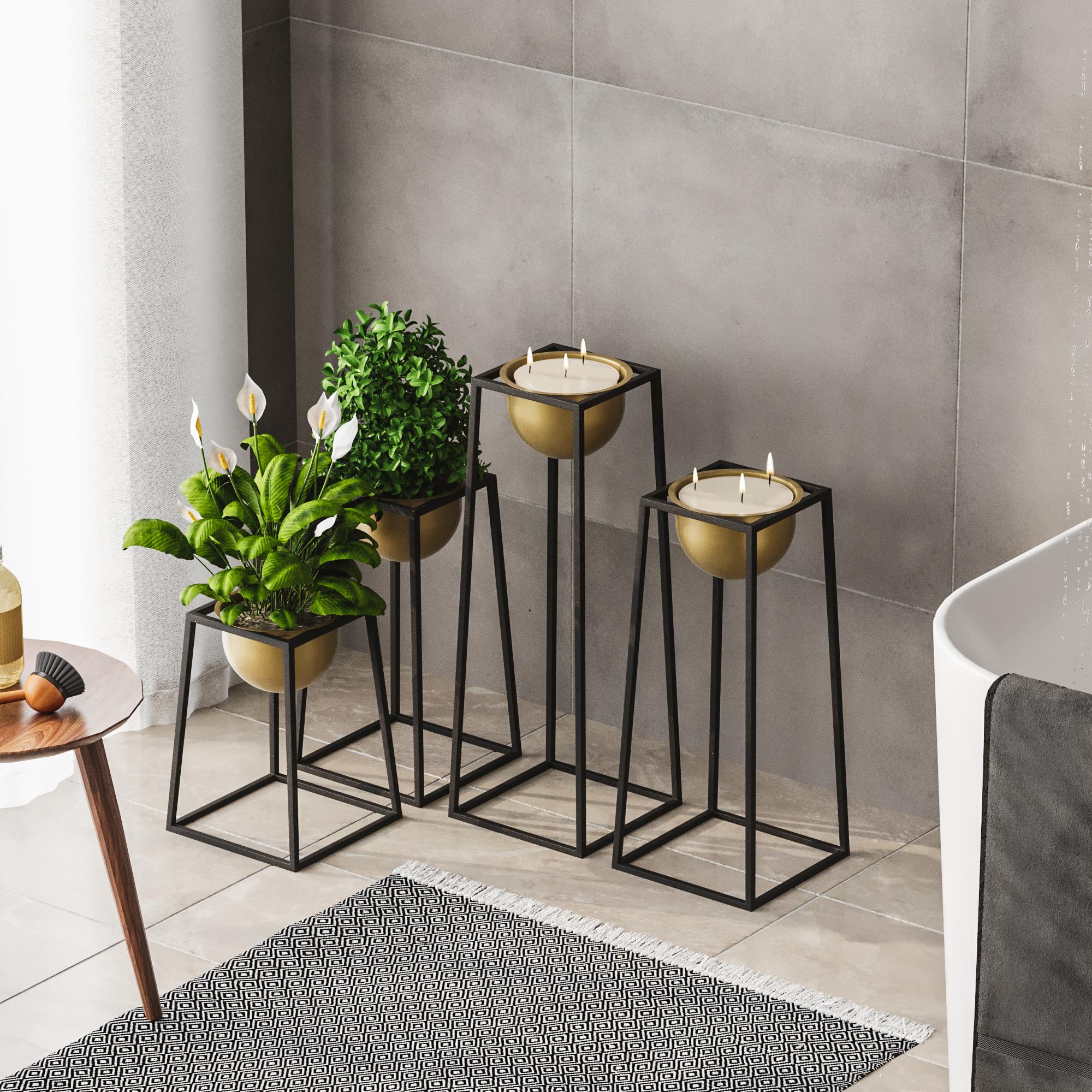 Dekoratif Siyah Gold,Metal Saksılık 4lü Set Modern Ayaklı Siyah Çiçeklik Kaktüs Standı,GED-018-A
