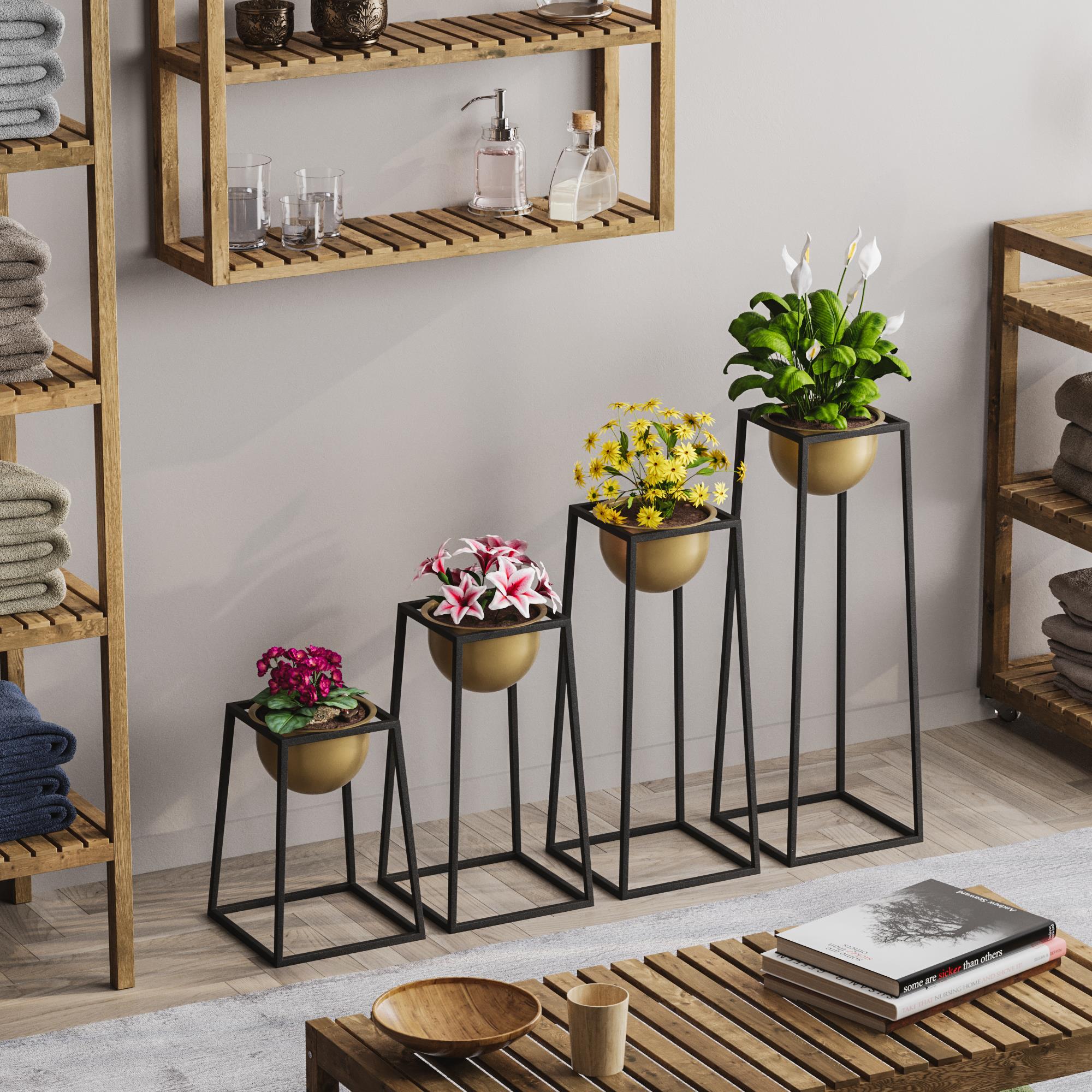 Dekoratif Siyah Gold,Metal Saksılık 4lü Set Modern Ayaklı Siyah Çiçeklik Kaktüs Standı,GED-018-A