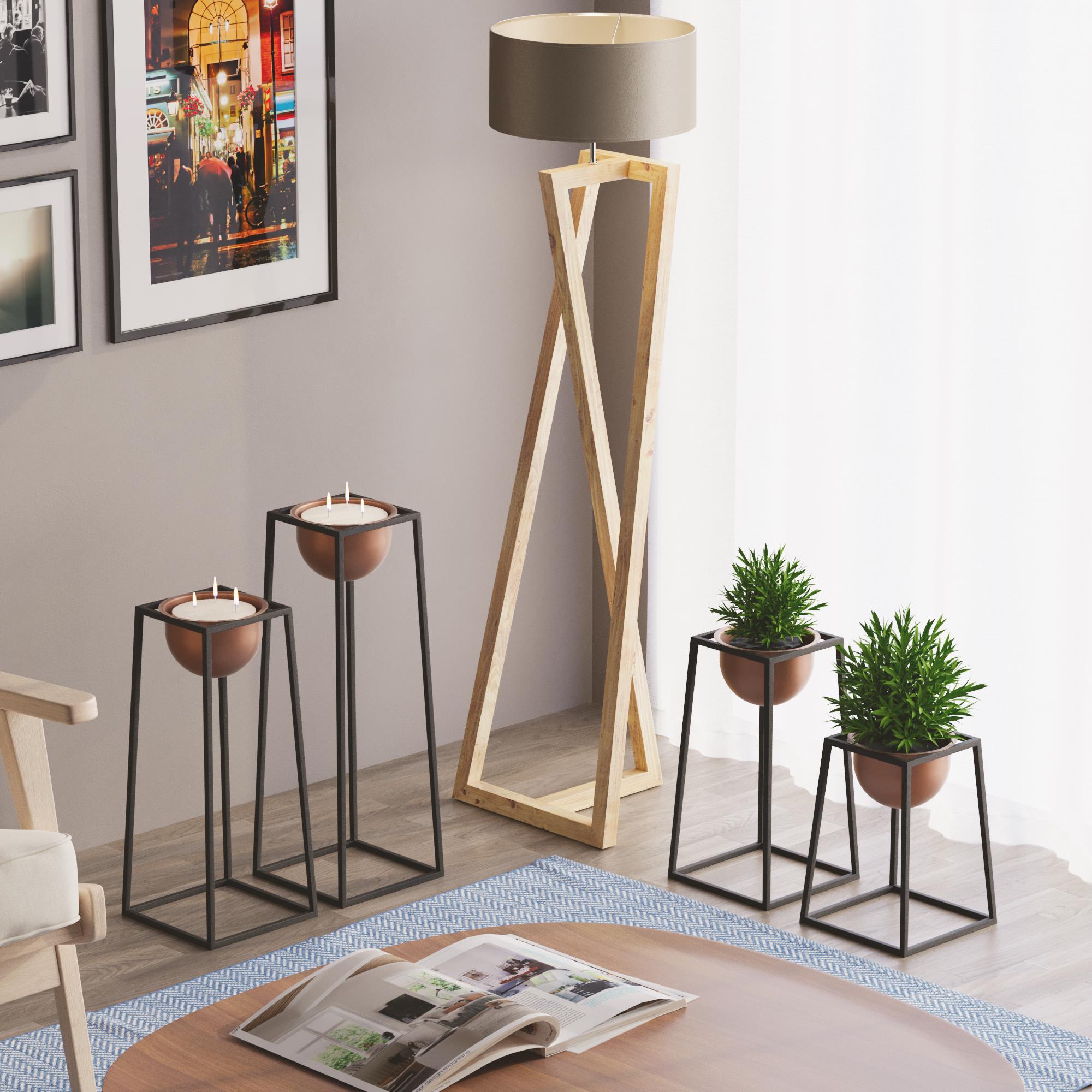 Dekoratif Siyah Bakır,Metal Saksılık 4lü Set Modern Ayaklı Siyah Çiçeklik Kaktüs Standı,GED-018-B