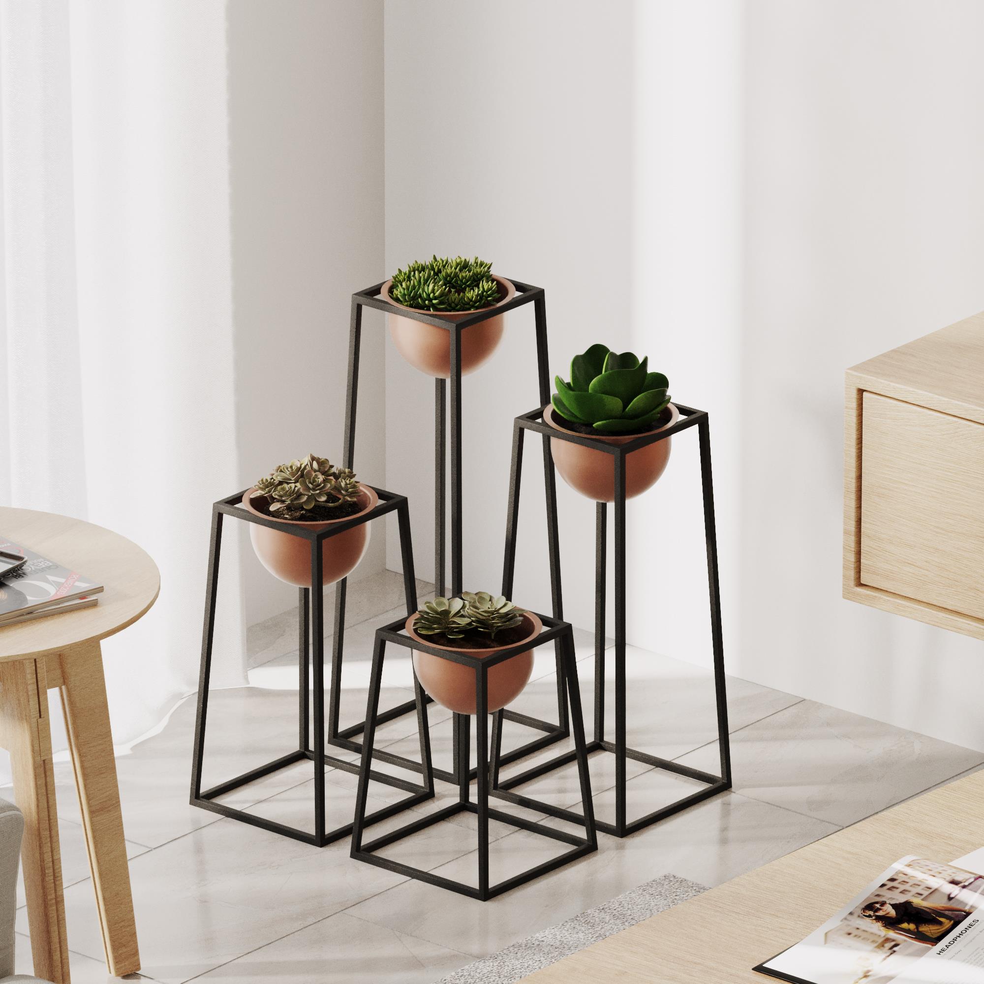 Dekoratif Siyah Bakır,Metal Saksılık 4lü Set Modern Ayaklı Siyah Çiçeklik Kaktüs Standı,GED-018-B