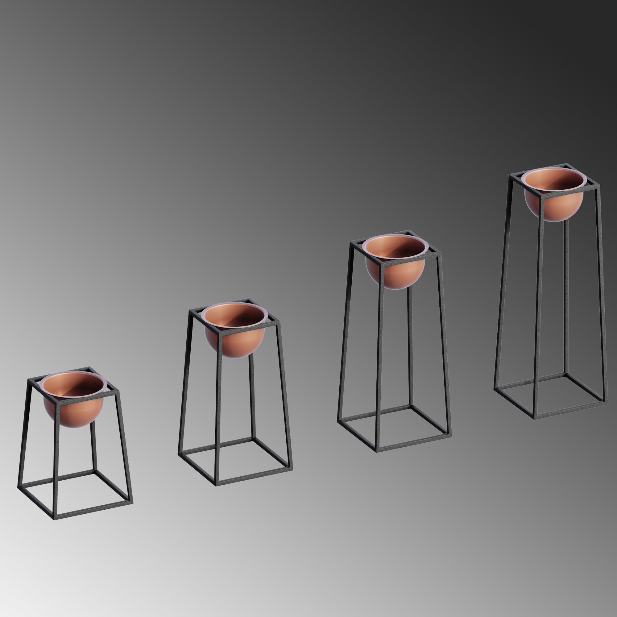 Dekoratif Siyah Bakır,Metal Saksılık 4lü Set Modern Ayaklı Siyah Çiçeklik Kaktüs Standı,GED-018-B