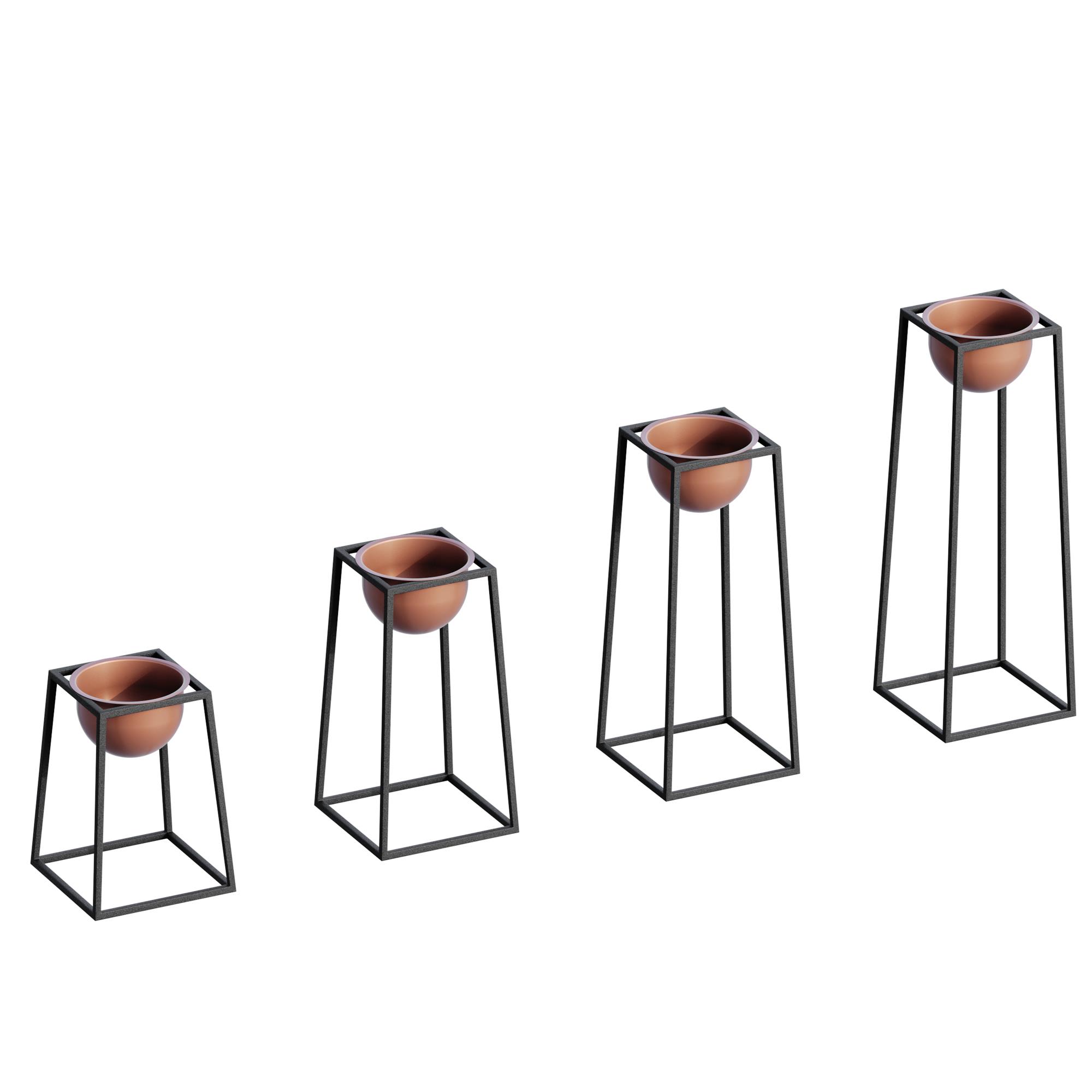 Dekoratif Siyah Bakır,Metal Saksılık 4lü Set Modern Ayaklı Siyah Çiçeklik Kaktüs Standı,GED-018-B