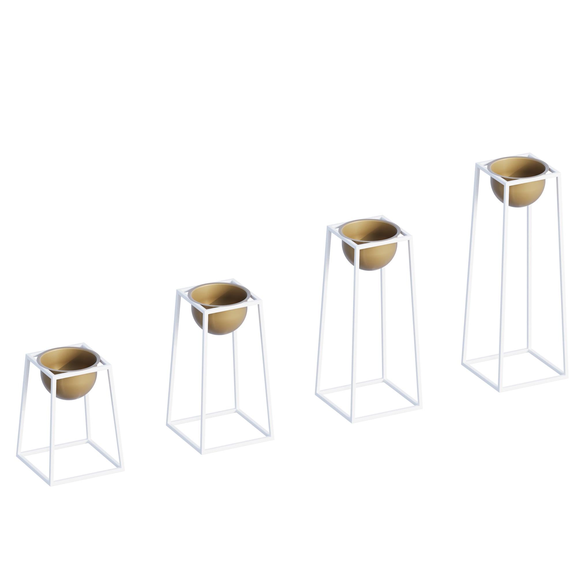 Dekoratif Beyaz Gold,Metal Saksılık 4lü Set Modern Ayaklı Beyaz Çiçeklik Kaktüs Standı,GED-018-C