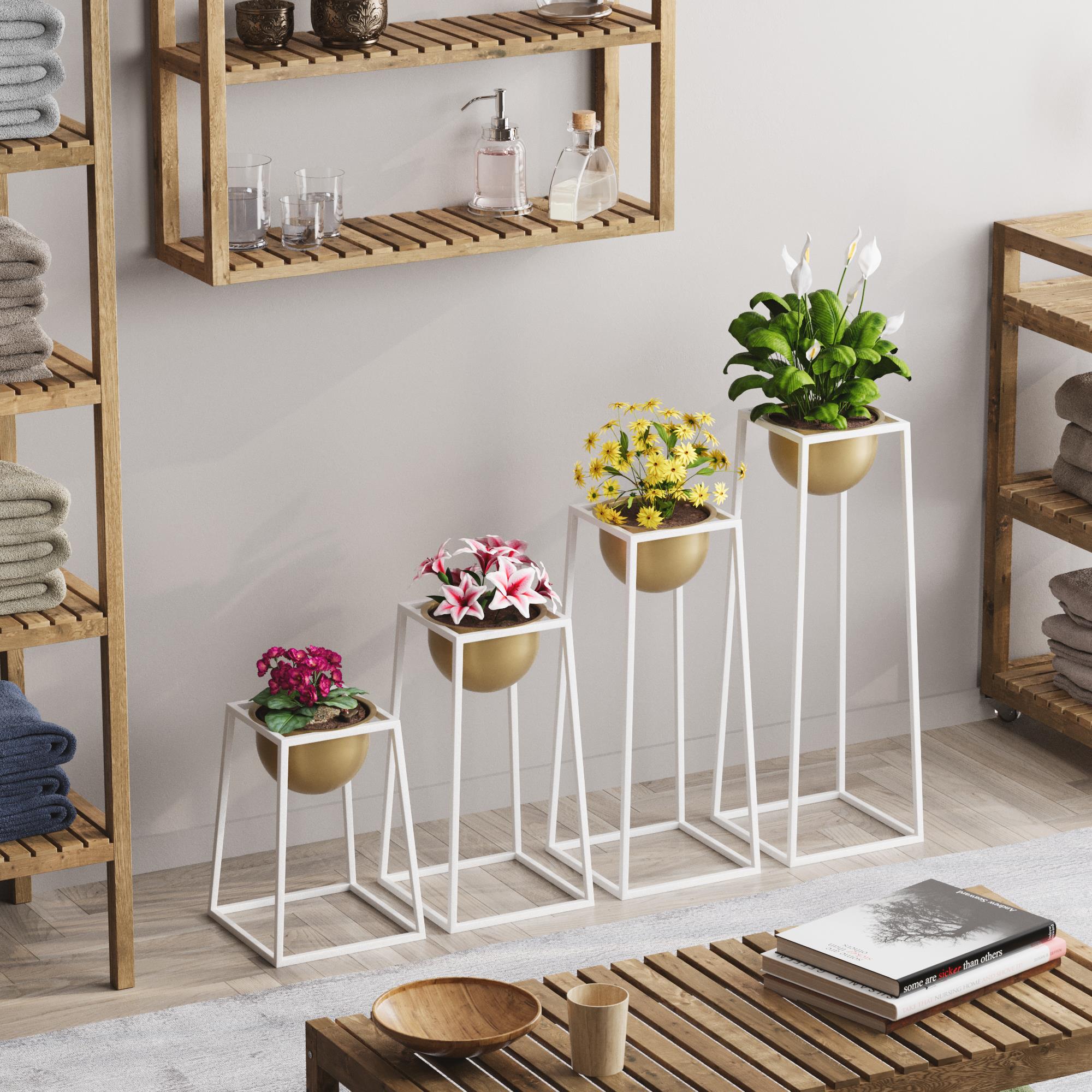 Dekoratif Beyaz Gold,Metal Saksılık 4lü Set Modern Ayaklı Beyaz Çiçeklik Kaktüs Standı,GED-018-C