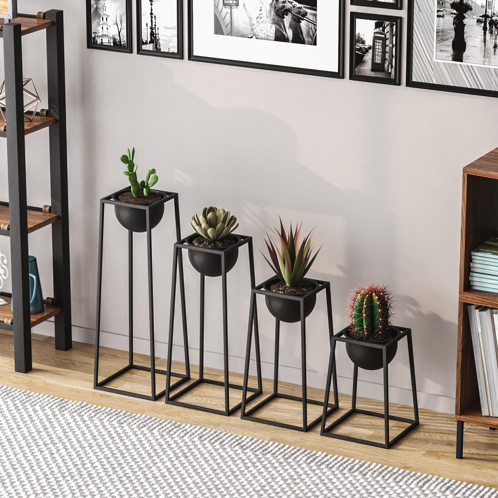 Dekoratif Siyah,Metal Saksılık 4lü Set Modern Ayaklı Siyah Çiçeklik Mumluk Kaktüs Standı,GED-018
