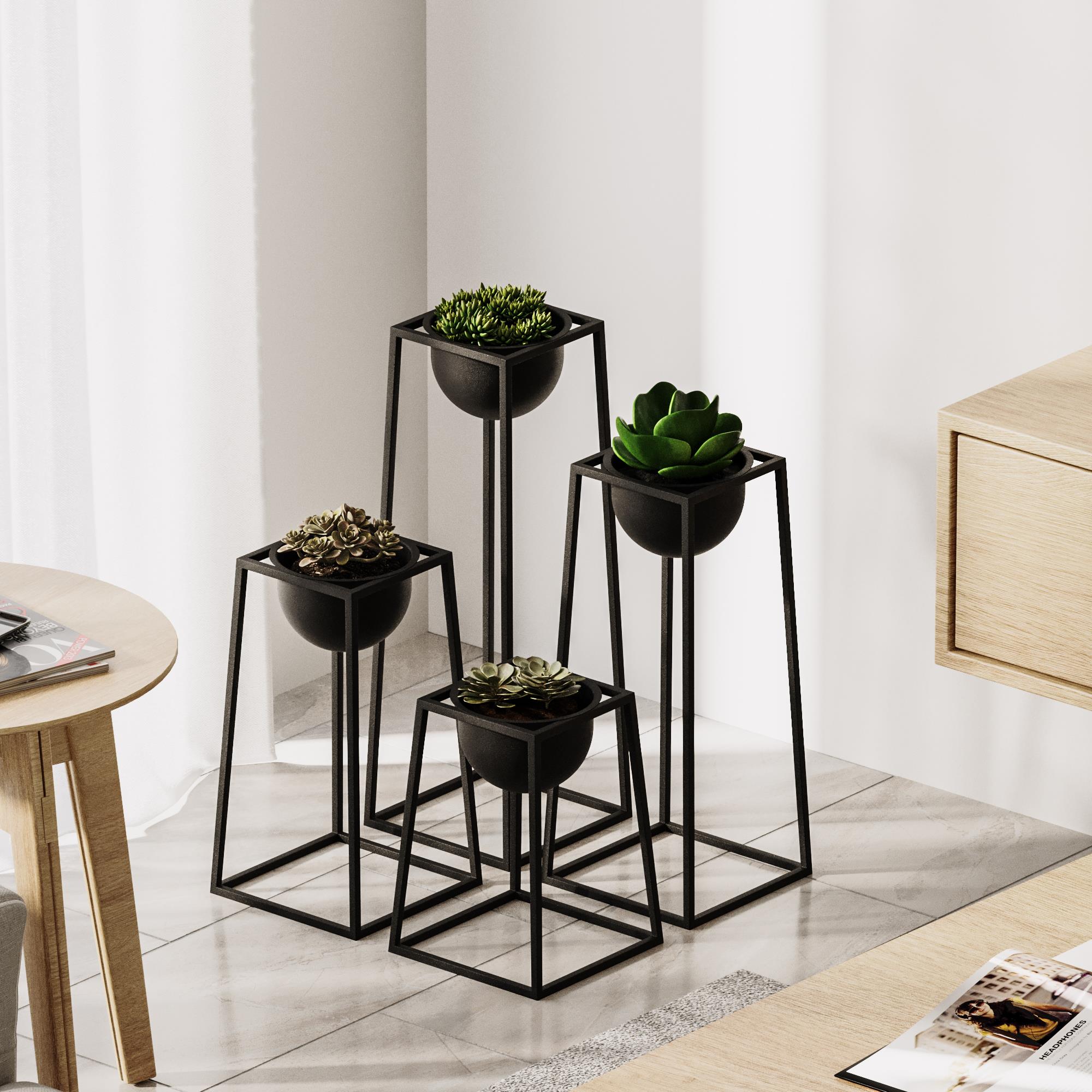 Dekoratif Siyah,Metal Saksılık 4lü Set Modern Ayaklı Siyah Çiçeklik Mumluk Kaktüs Standı,GED-018