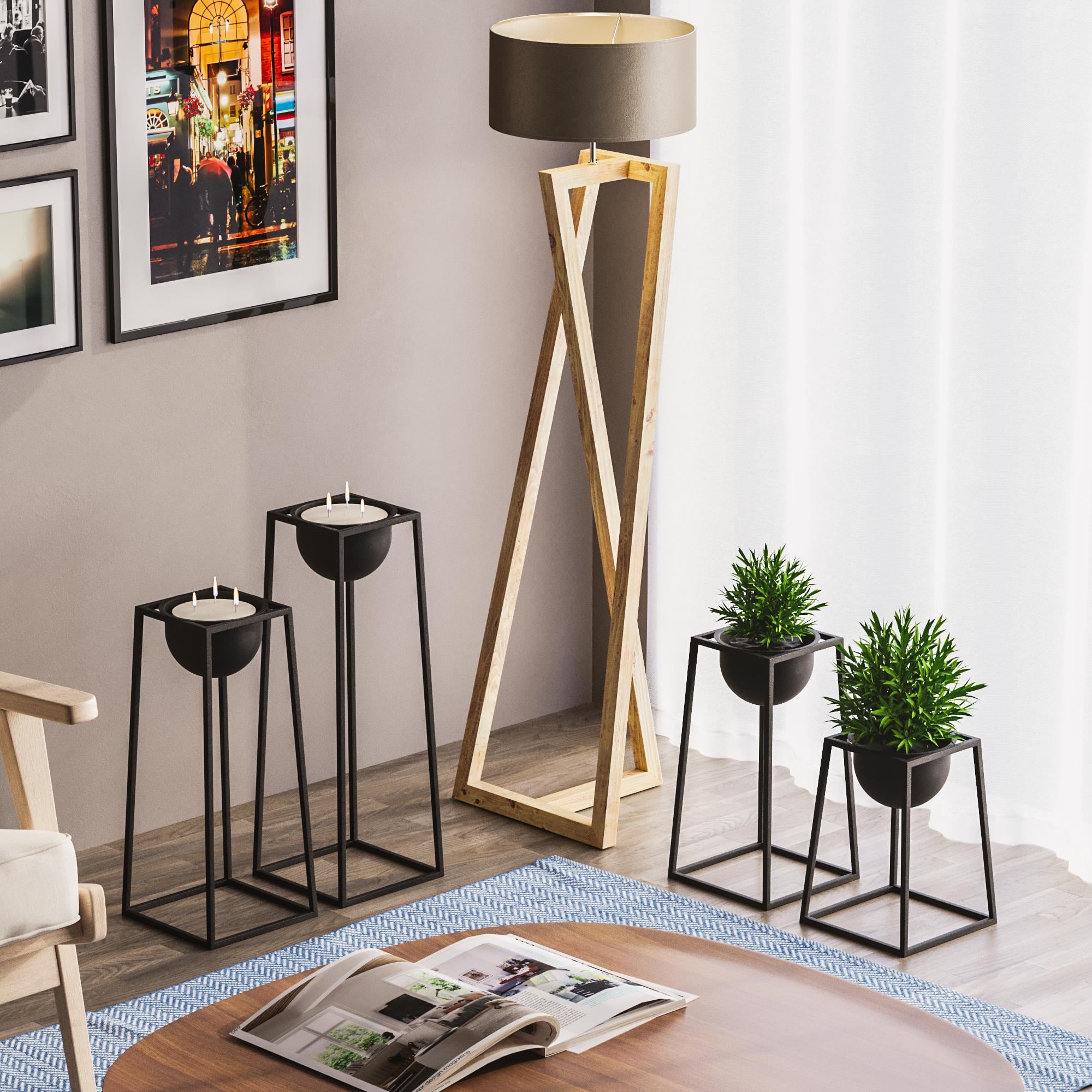 Dekoratif Siyah,Metal Saksılık 4lü Set Modern Ayaklı Siyah Çiçeklik Mumluk Kaktüs Standı,GED-018