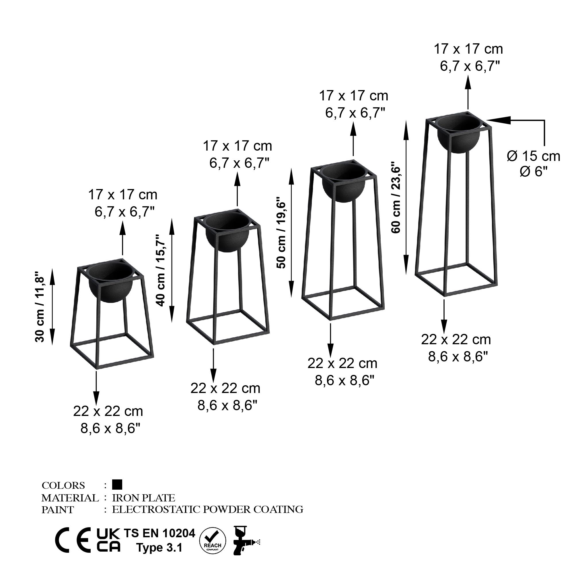 Dekoratif Siyah,Metal Saksılık 4lü Set Modern Ayaklı Siyah Çiçeklik Mumluk Kaktüs Standı,GED-018