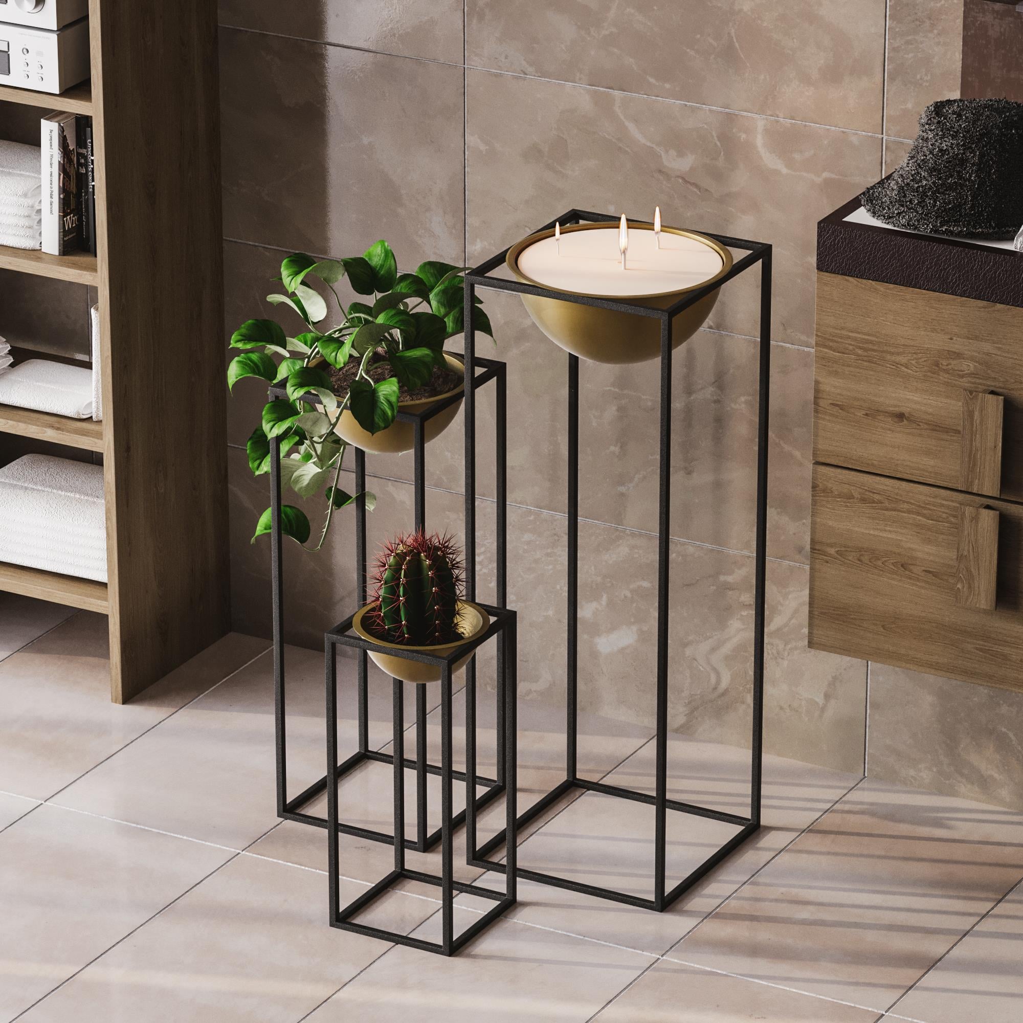 Dekoratif Siyah Gold,Metal Saksılık 3lü Set Modern Ayaklı Siyah Çiçeklik Mumluk Standı,GED-019-A