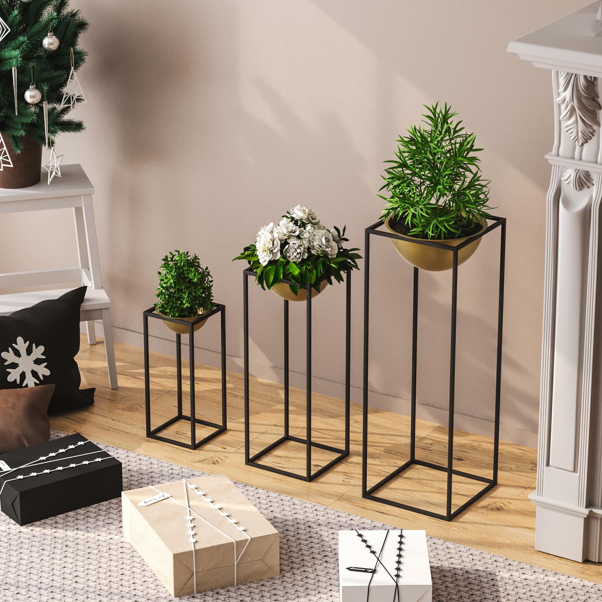 Dekoratif Siyah Gold,Metal Saksılık 3lü Set Modern Ayaklı Siyah Çiçeklik Mumluk Standı,GED-019-A